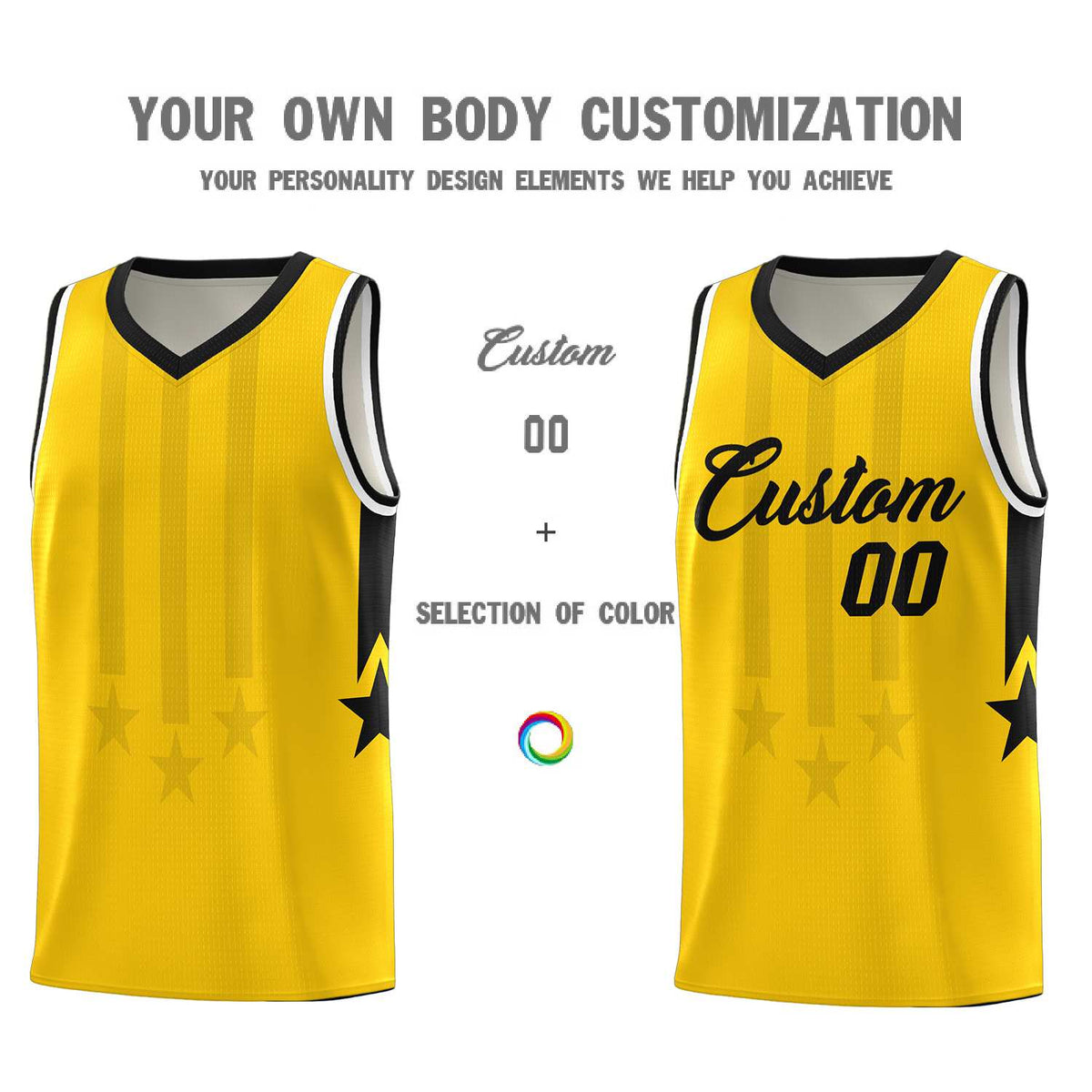 Custom Gold Black and White Gradient Star Graffiti Pattern Sports Uniform Basketball Jersey