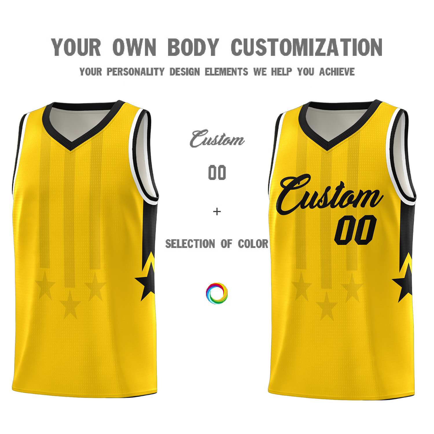 Custom Gold Black and White Gradient Star Graffiti Pattern Sports Uniform Basketball Jersey