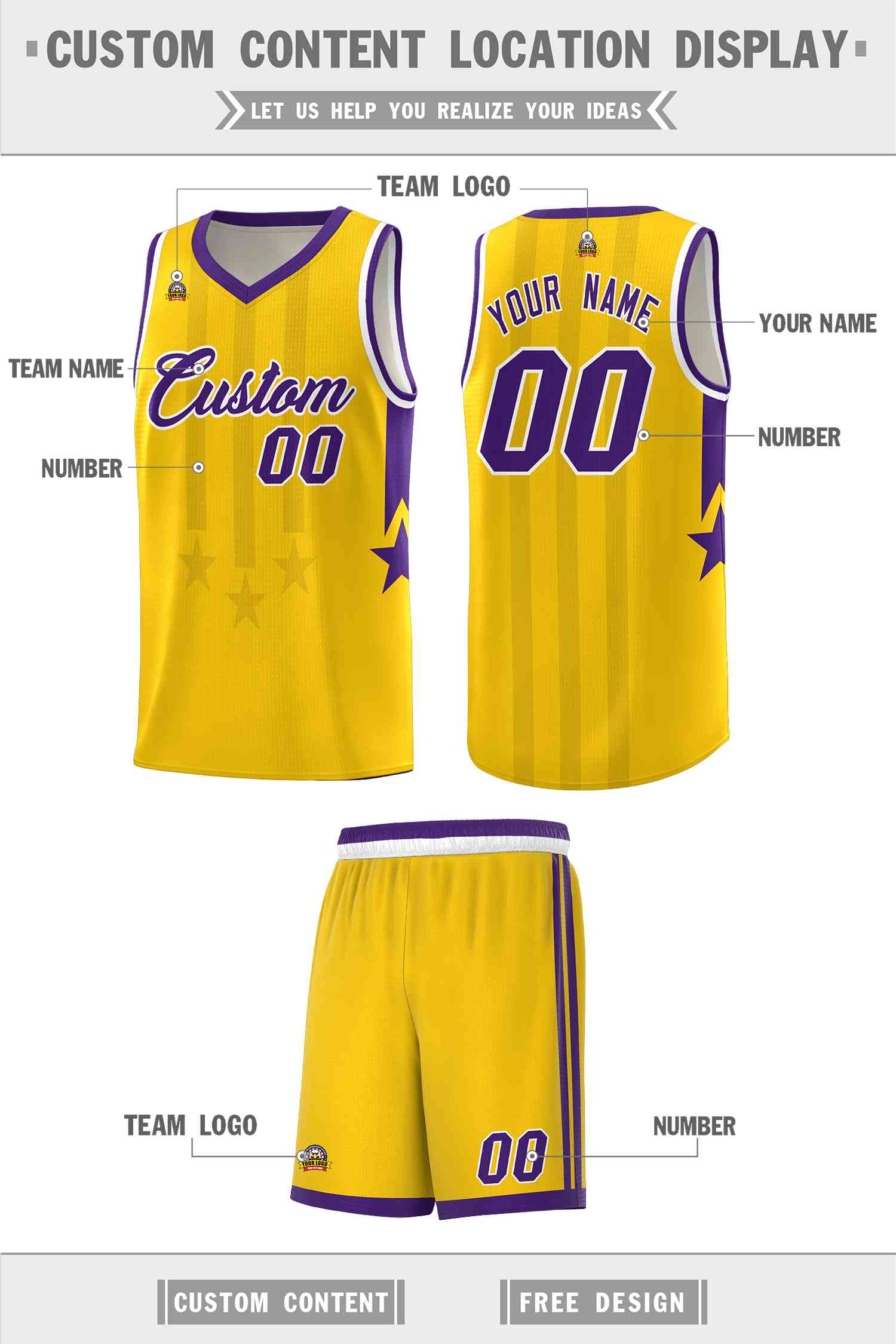 Custom Gold Purple and White Gradient Star Graffiti Pattern Sports Uniform Basketball Jersey