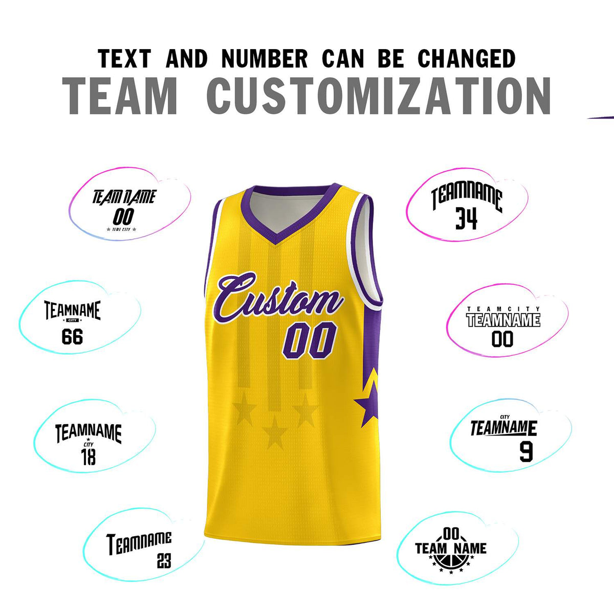 Custom Gold Purple and White Gradient Star Graffiti Pattern Sports Uniform Basketball Jersey