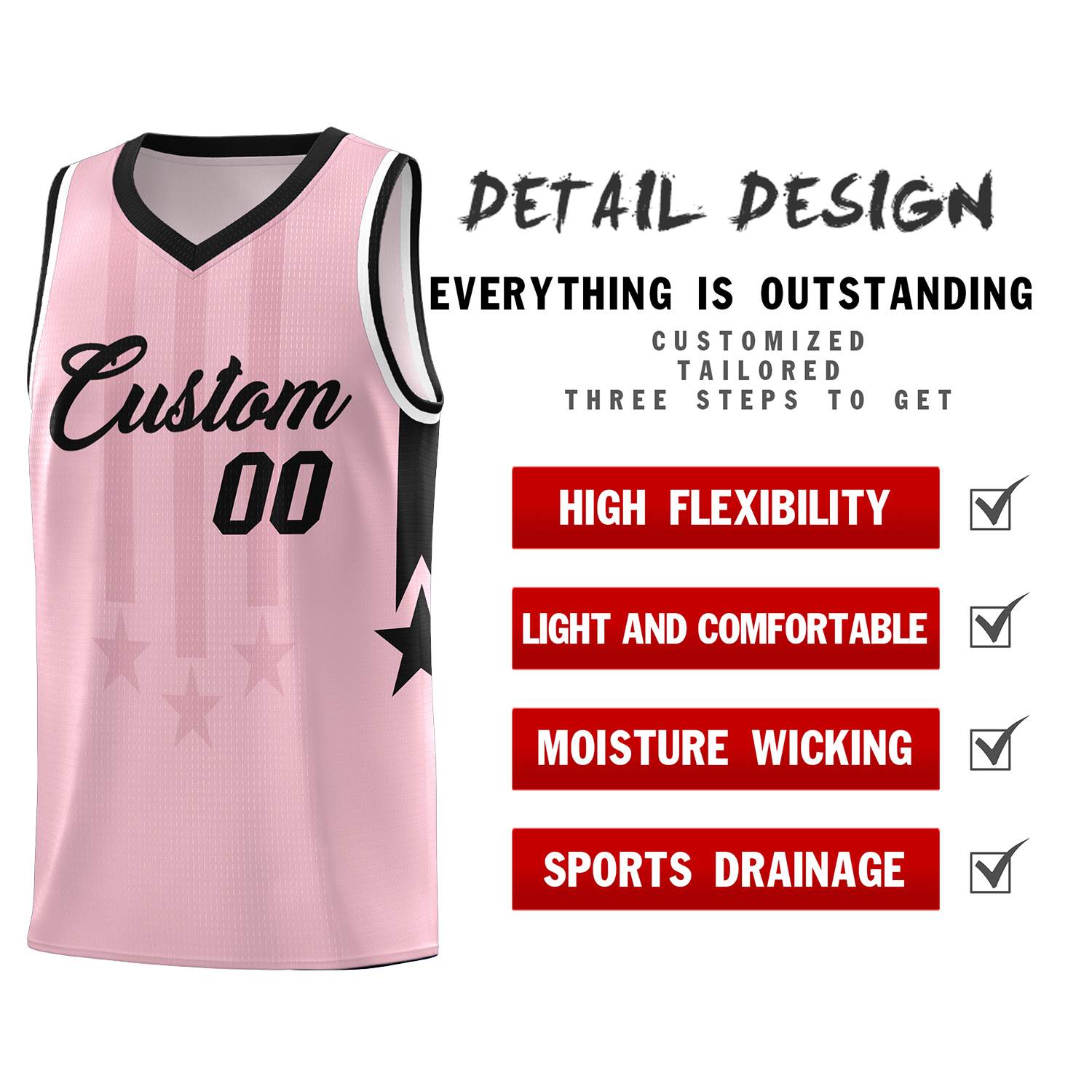 Custom Light Pink Black and White Gradient Star Graffiti Pattern Sports Uniform Basketball Jersey