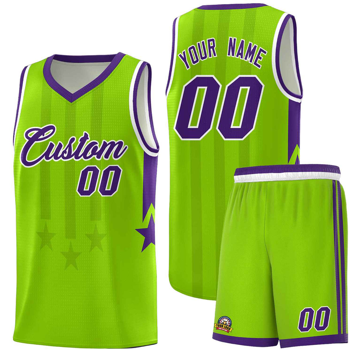 Custom Neon Green Purple and White Gradient Star Graffiti Pattern Sports Uniform Basketball Jersey