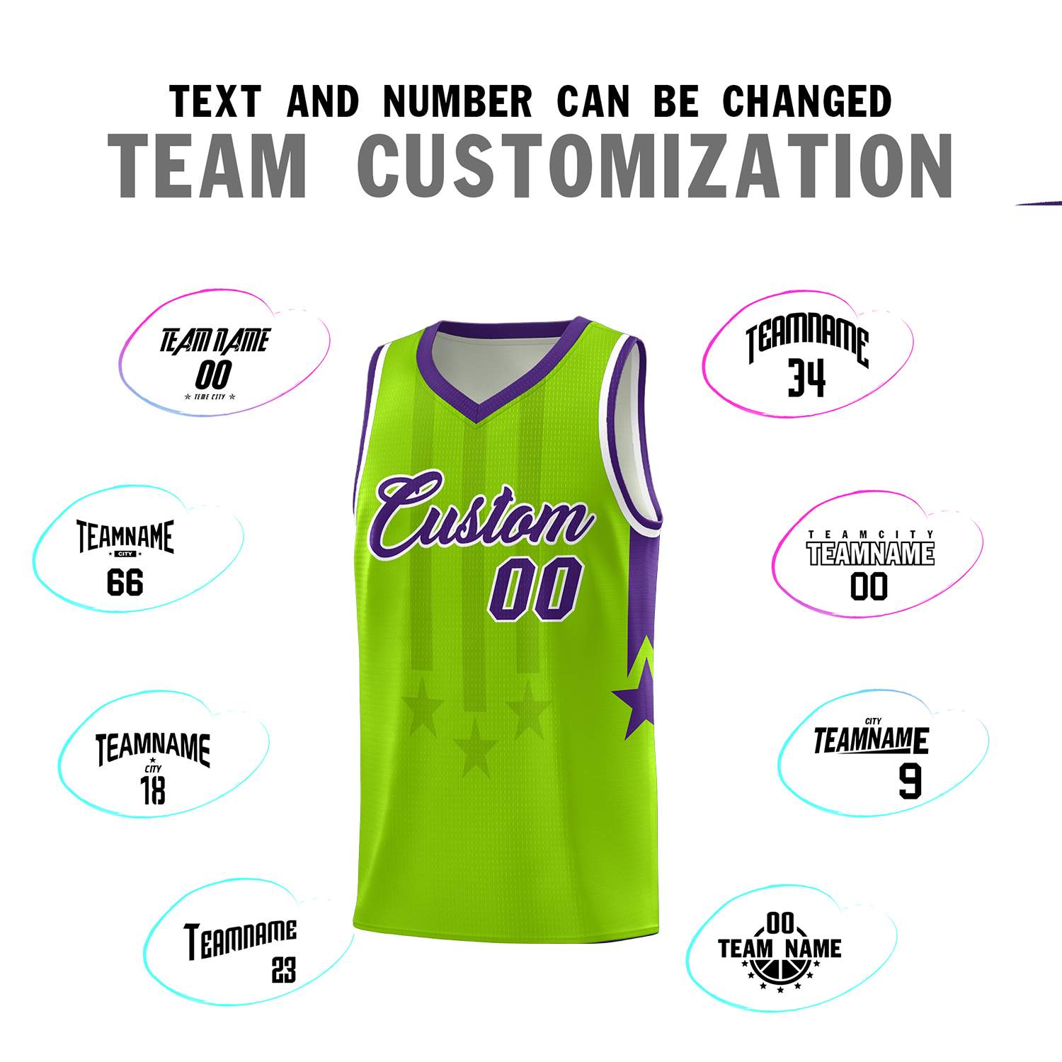 Custom Neon Green Purple and White Gradient Star Graffiti Pattern Sports Uniform Basketball Jersey