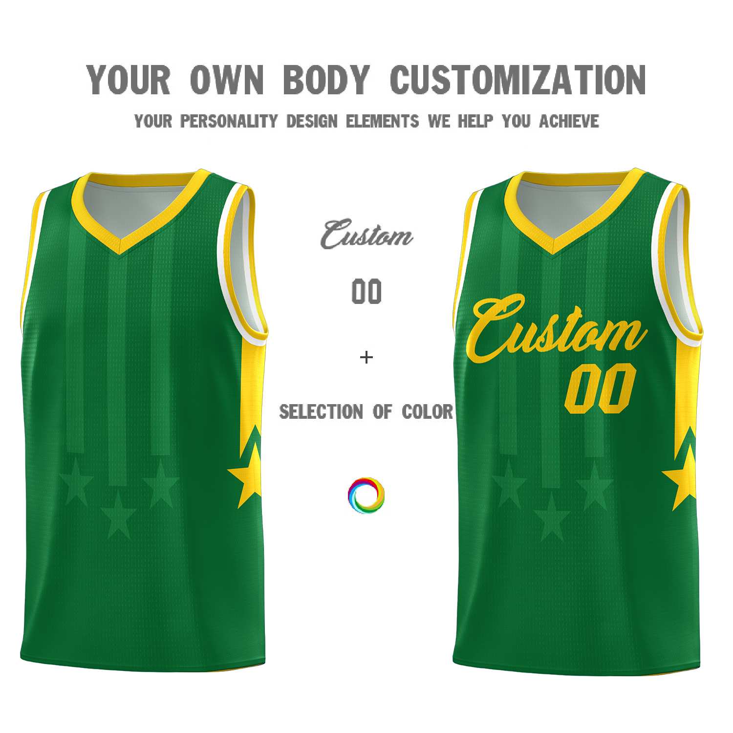 Custom Kelly Green Gold and White Gradient Star Graffiti Pattern Sports Uniform Basketball Jersey