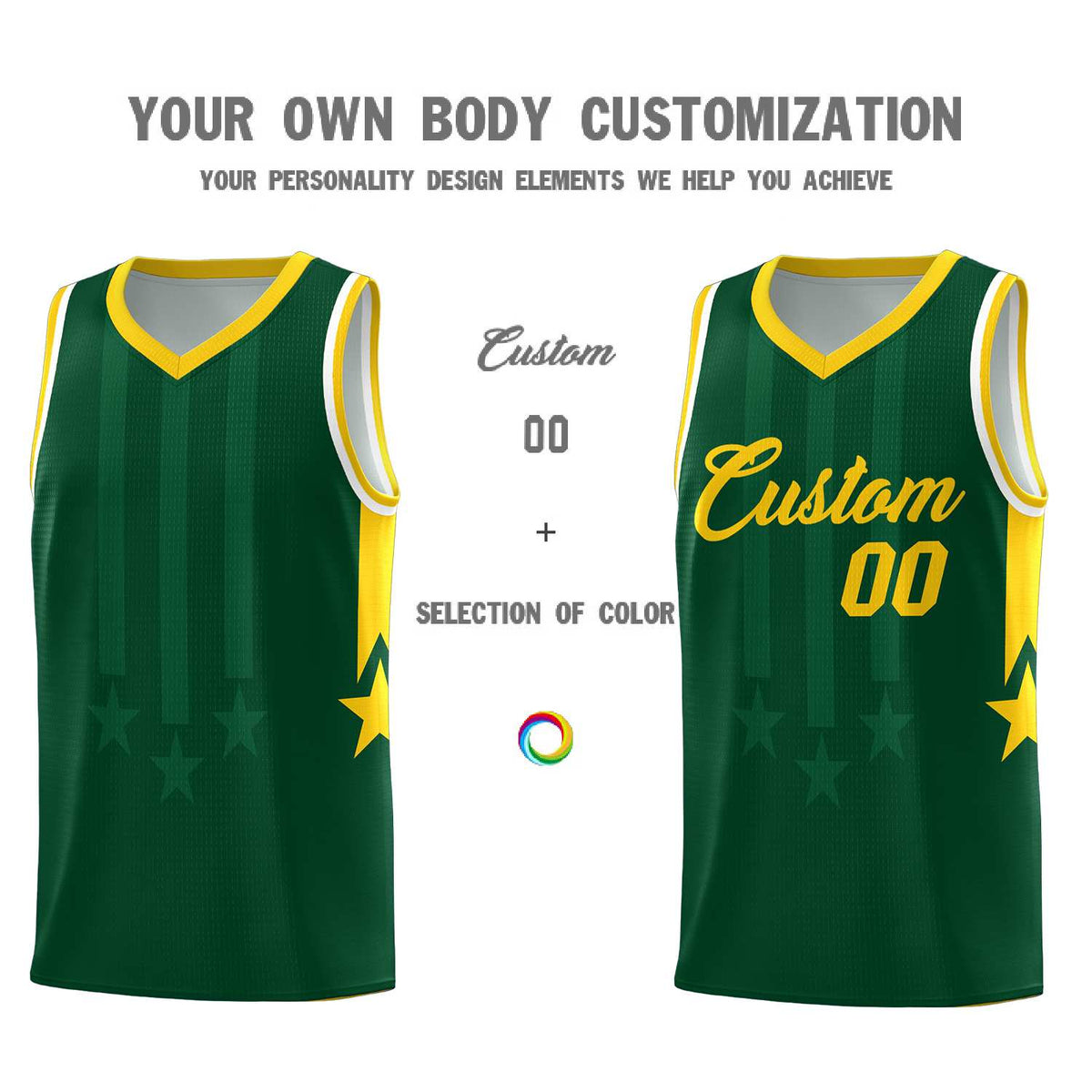Custom Green Gold and White Gradient Star Graffiti Pattern Sports Uniform Basketball Jersey