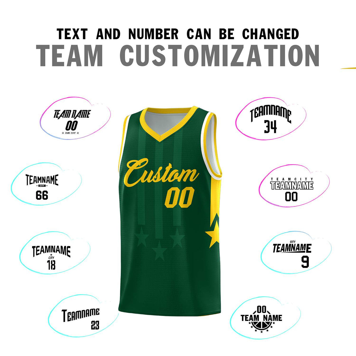 Custom Green Gold and White Gradient Star Graffiti Pattern Sports Uniform Basketball Jersey