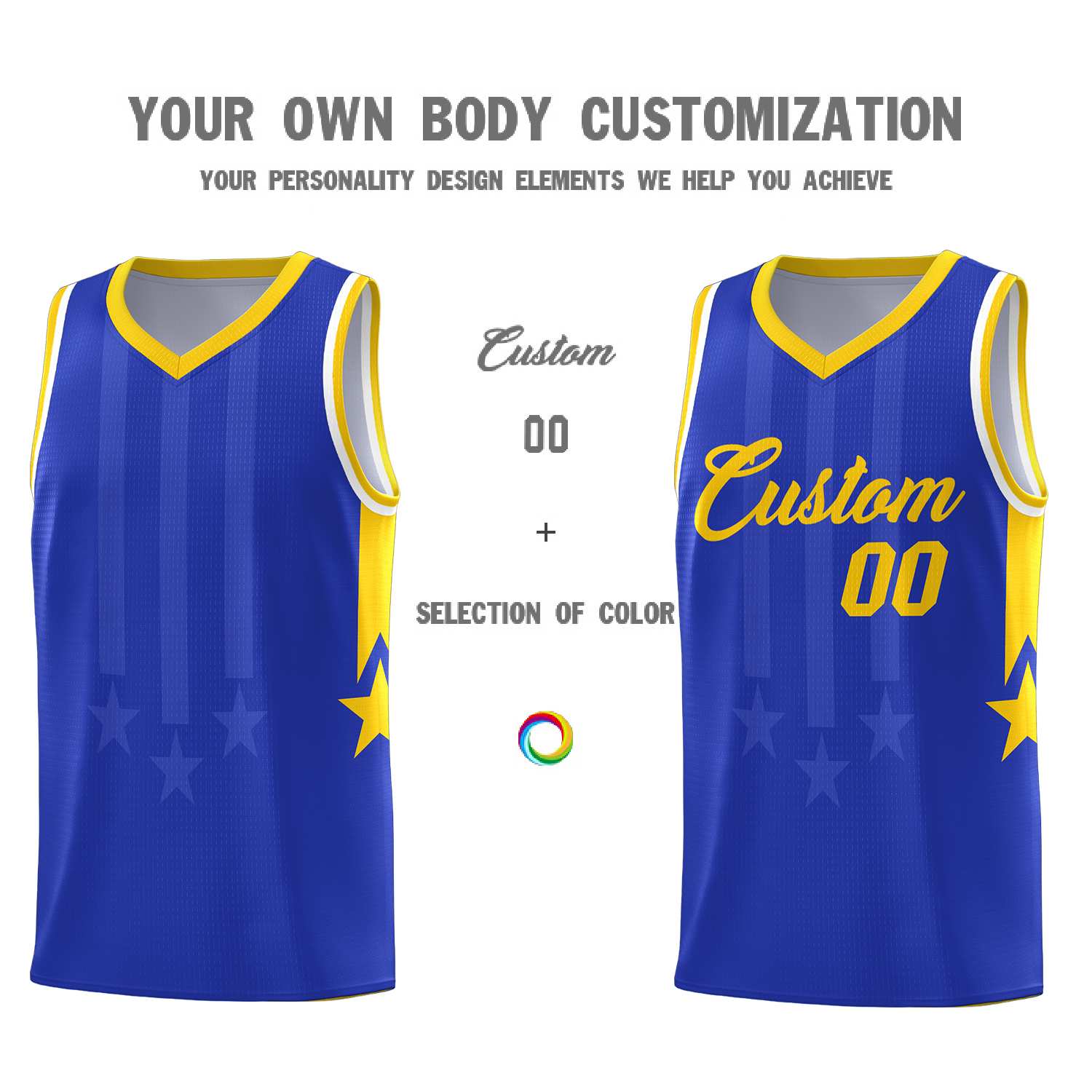 Custom Royal Gold and White Gradient Star Graffiti Pattern Sports Uniform Basketball Jersey