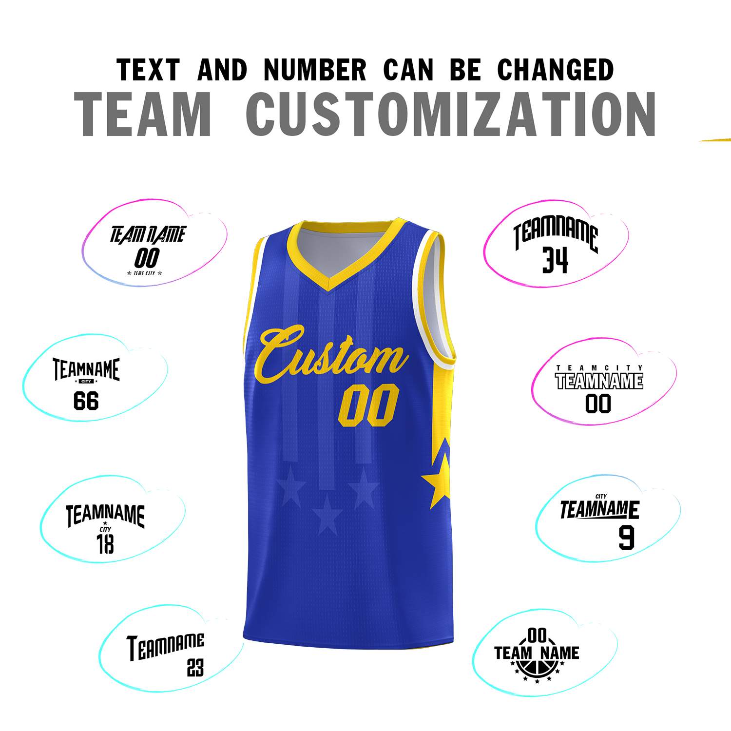 Custom Royal Gold and White Gradient Star Graffiti Pattern Sports Uniform Basketball Jersey