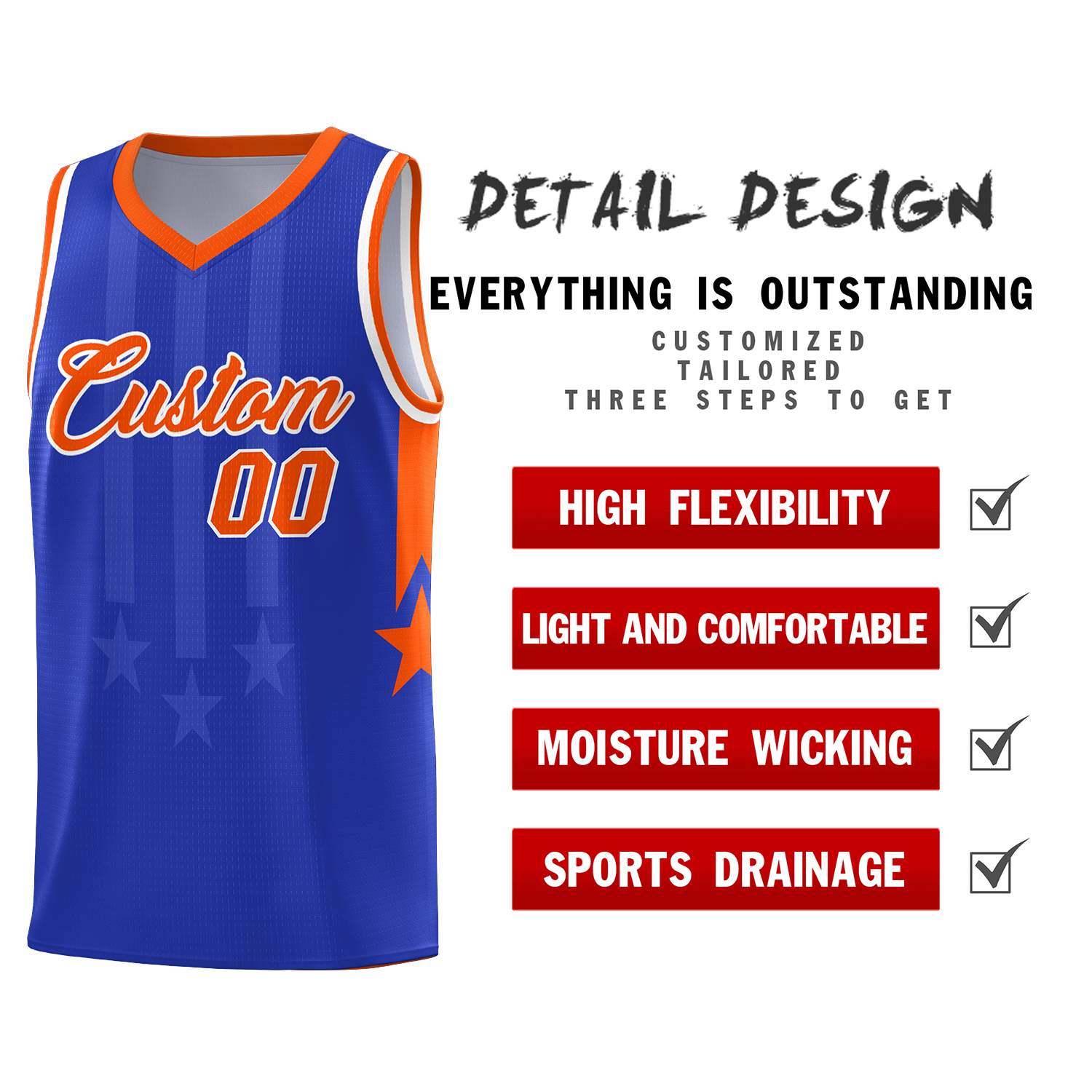 Custom Royal Orange and White Gradient Star Graffiti Pattern Sports Uniform Basketball Jersey