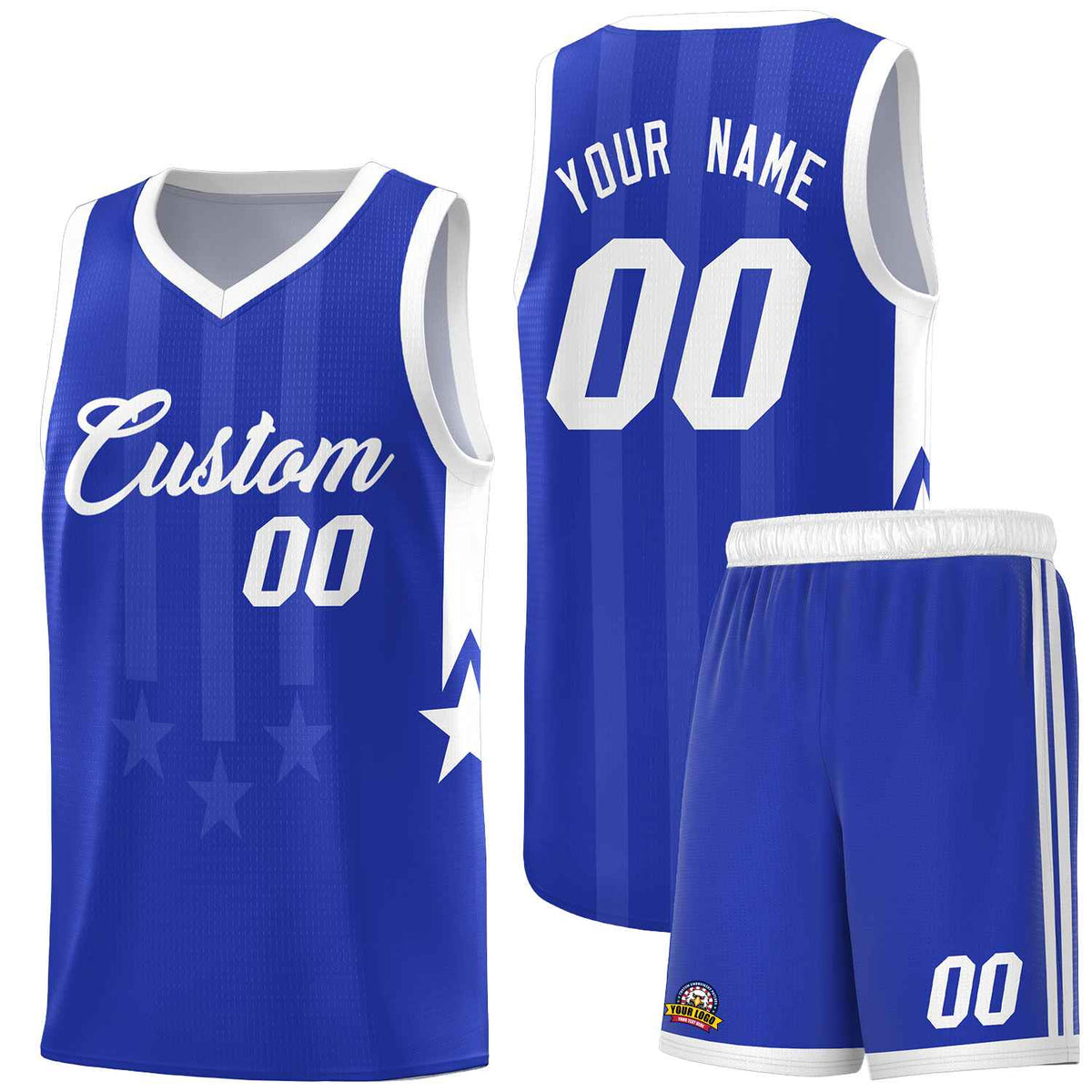 Custom Royal White and White Gradient Star Graffiti Pattern Sports Uniform Basketball Jersey