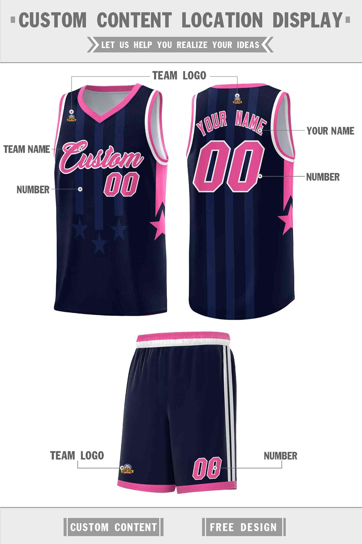 Custom Navy Pink and White Gradient Star Graffiti Pattern Sports Uniform Basketball Jersey