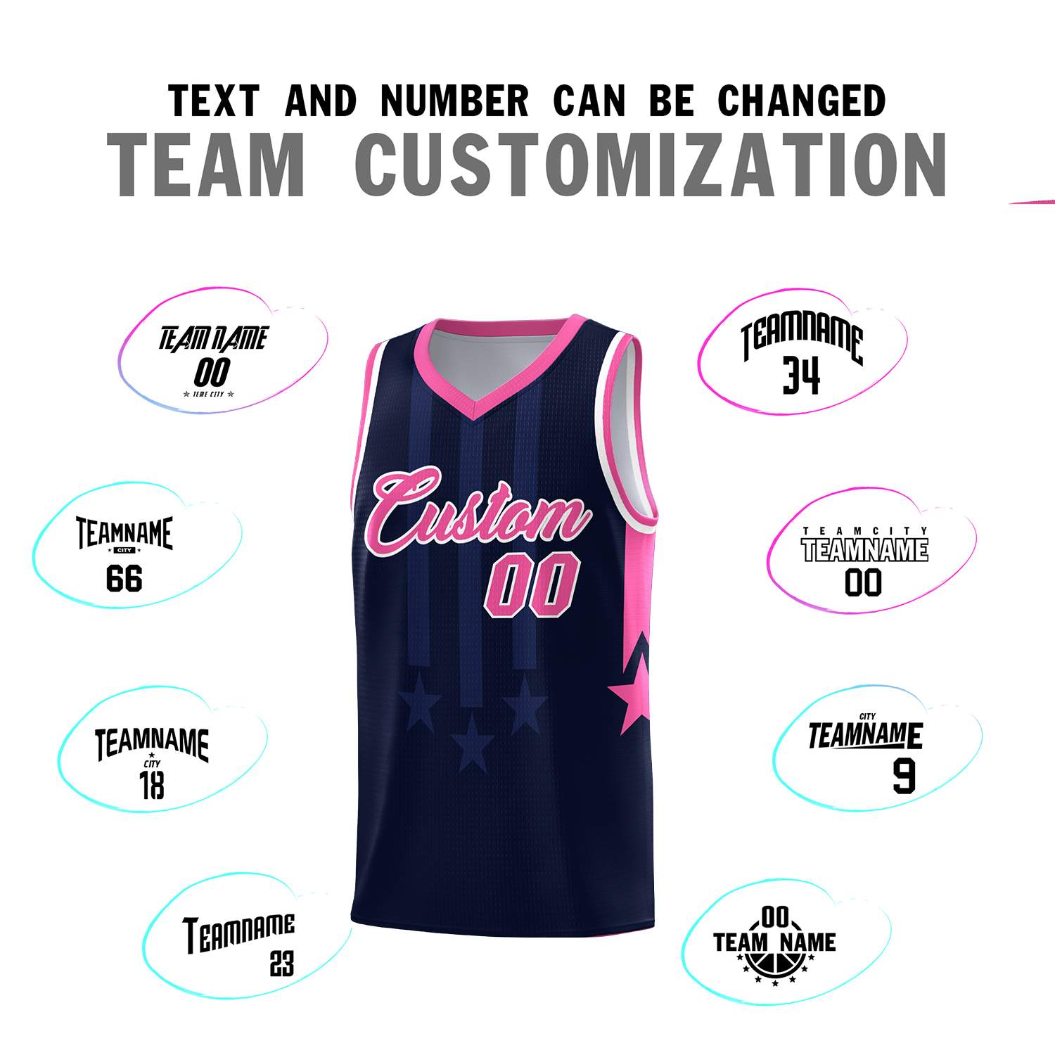 Custom Navy Pink and White Gradient Star Graffiti Pattern Sports Uniform Basketball Jersey