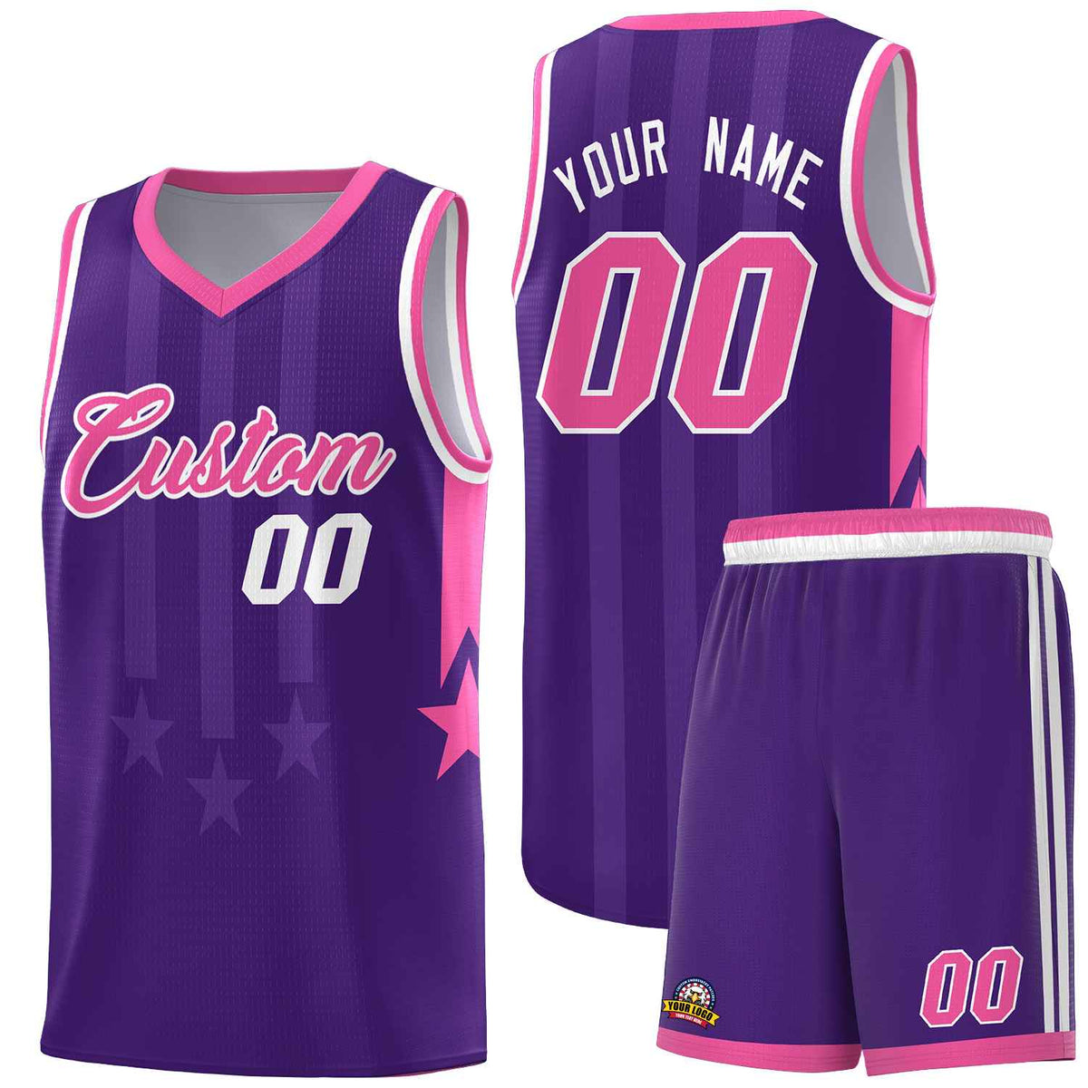 Custom Purple Pink and White Gradient Star Graffiti Pattern Sports Uniform Basketball Jersey