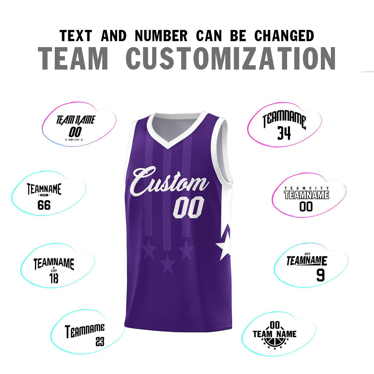 Custom Purple White and White Gradient Star Graffiti Pattern Sports Uniform Basketball Jersey