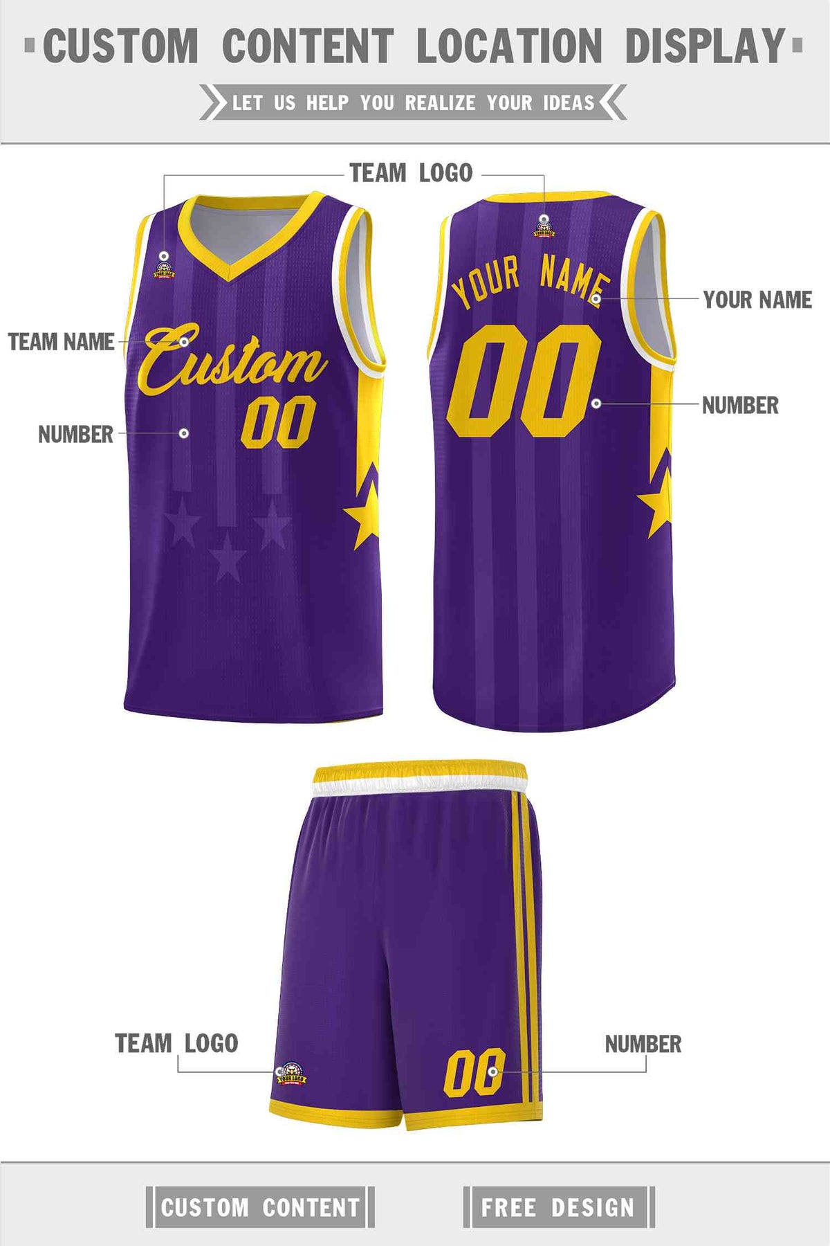Custom Purple Gold and White Gradient Star Graffiti Pattern Sports Uniform Basketball Jersey