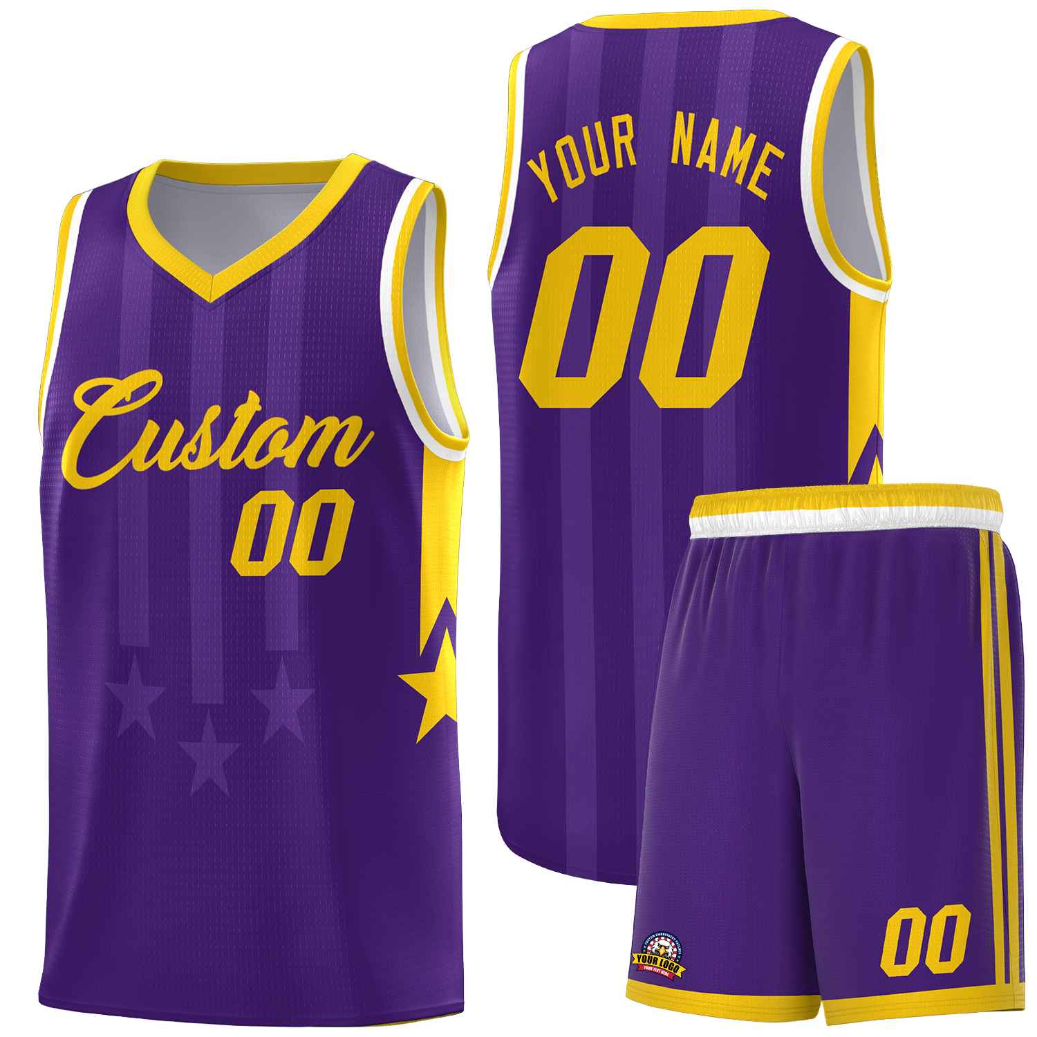 Custom Purple Gold and White Gradient Star Graffiti Pattern Sports Uniform Basketball Jersey