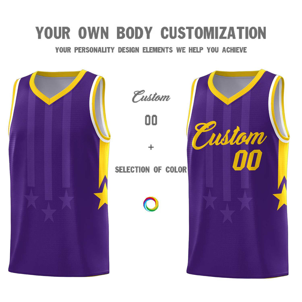 Custom Purple Gold and White Gradient Star Graffiti Pattern Sports Uniform Basketball Jersey