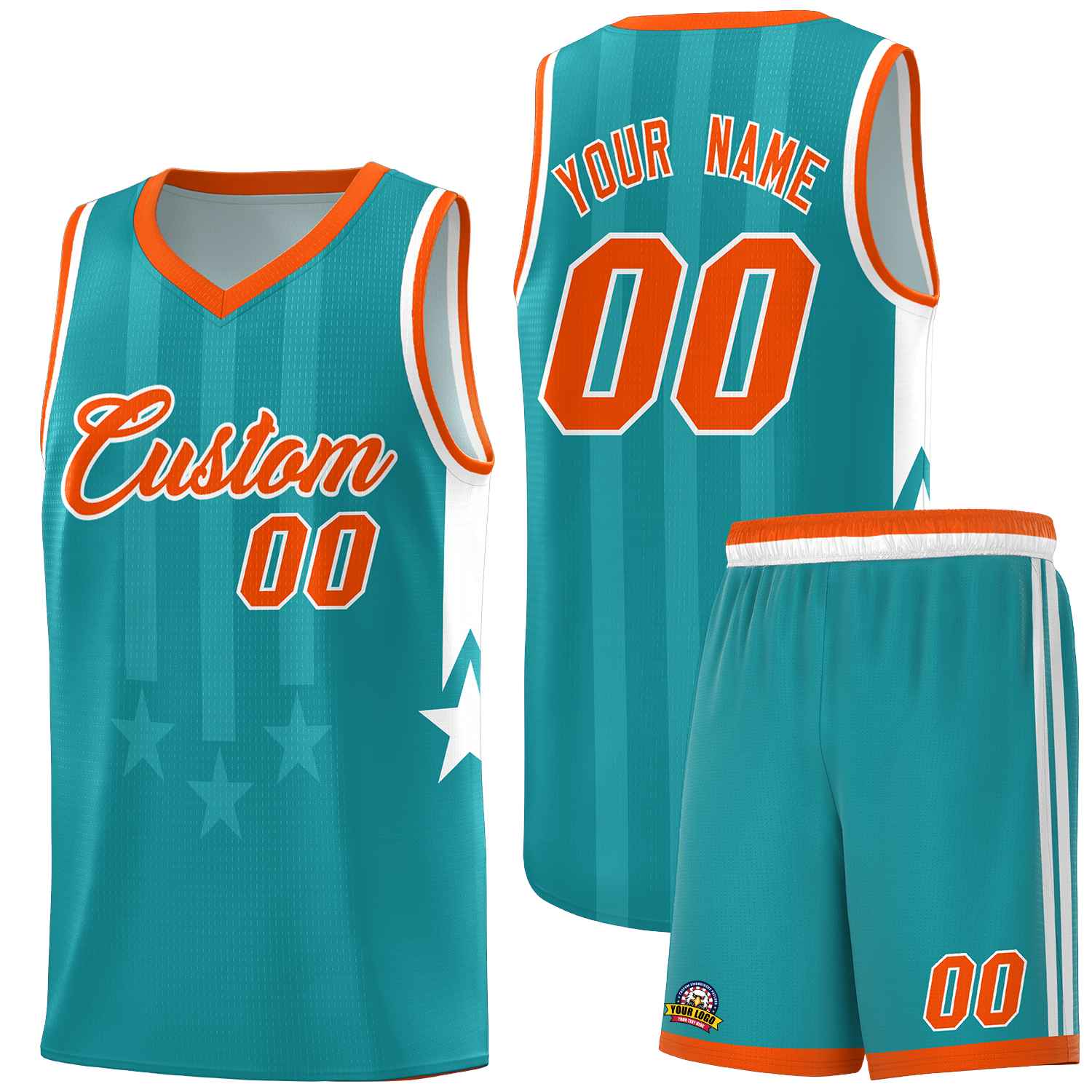 Custom Aqua Orange and White Gradient Star Graffiti Pattern Sports Uniform Basketball Jersey
