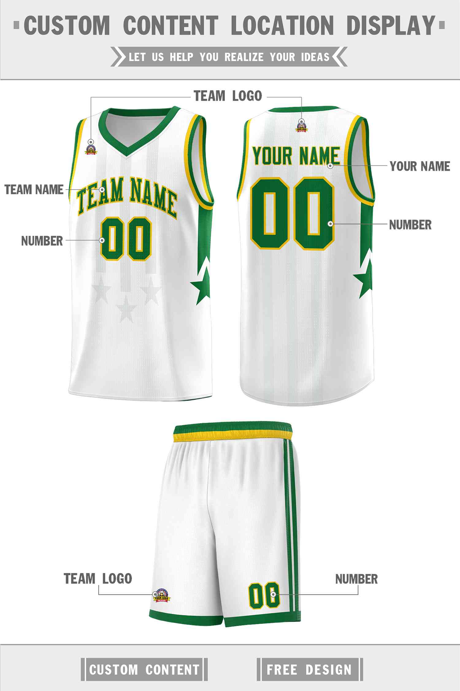 Custom White Kelly Green and Gold Gradient Star Graffiti Pattern Sports Uniform Basketball Jersey