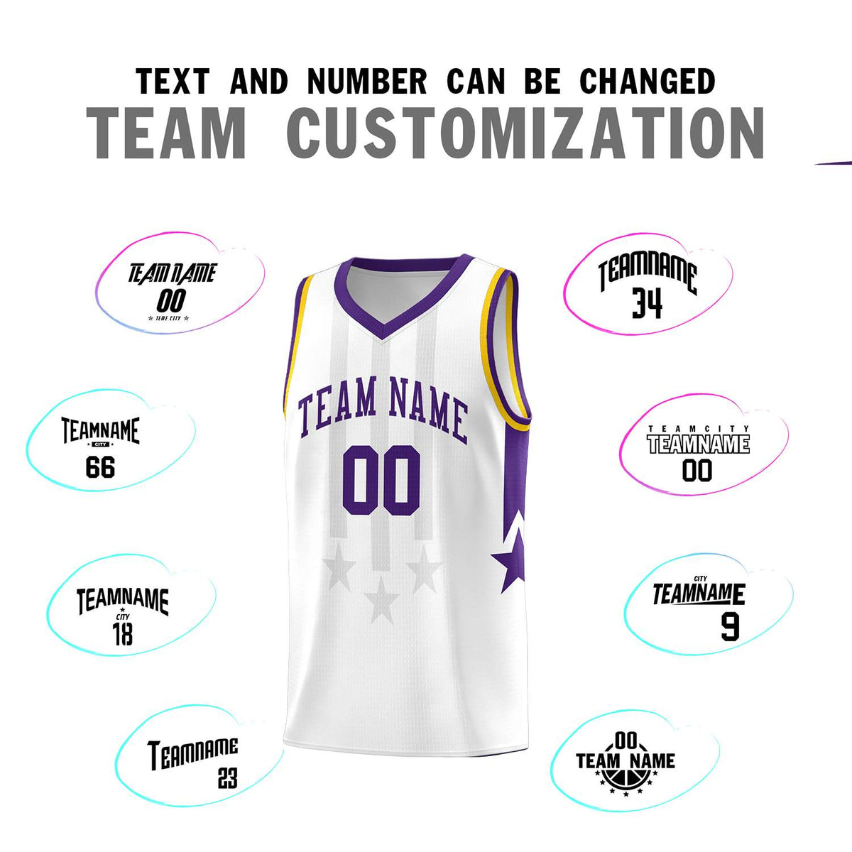 Custom White Purple and Gold Gradient Star Graffiti Pattern Sports Uniform Basketball Jersey