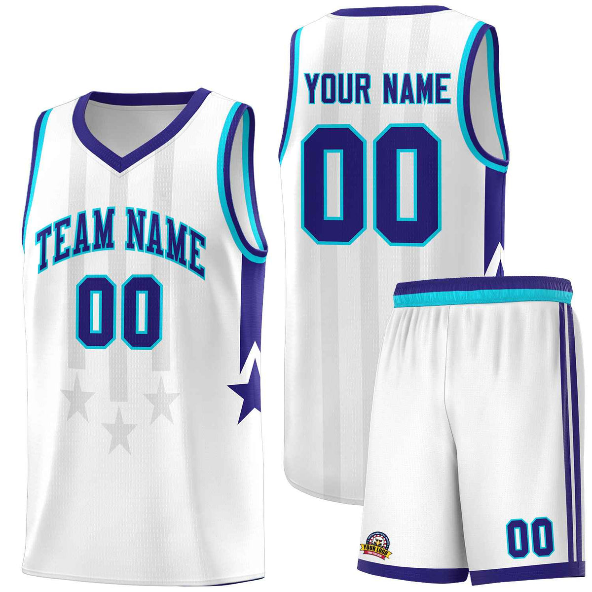 Custom White Purple and Sky Blue Gradient Star Graffiti Pattern Sports Uniform Basketball Jersey