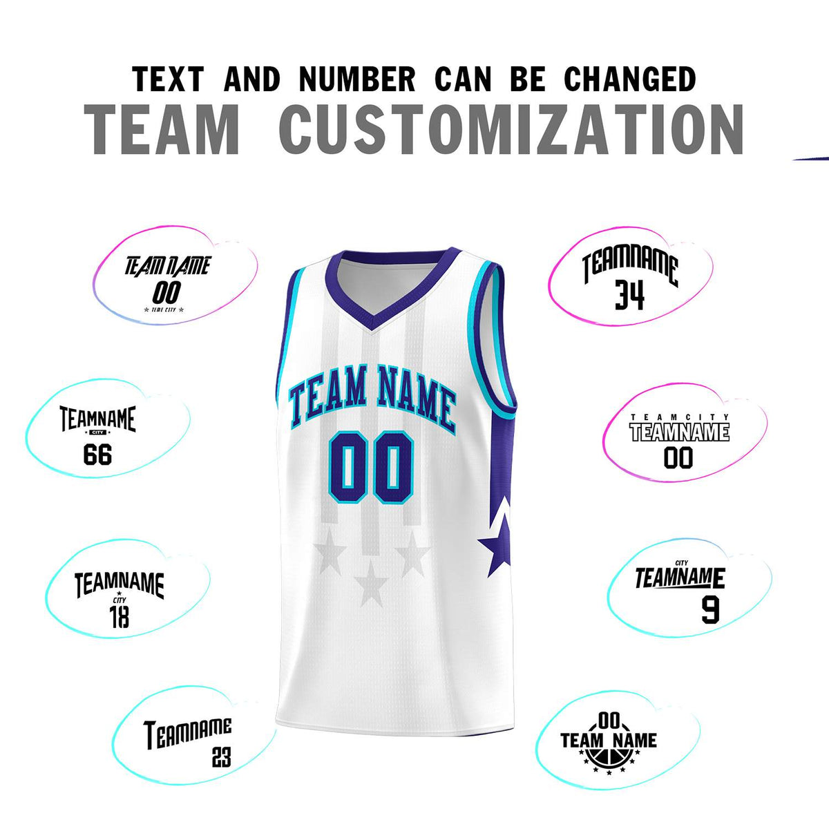 Custom White Purple and Sky Blue Gradient Star Graffiti Pattern Sports Uniform Basketball Jersey