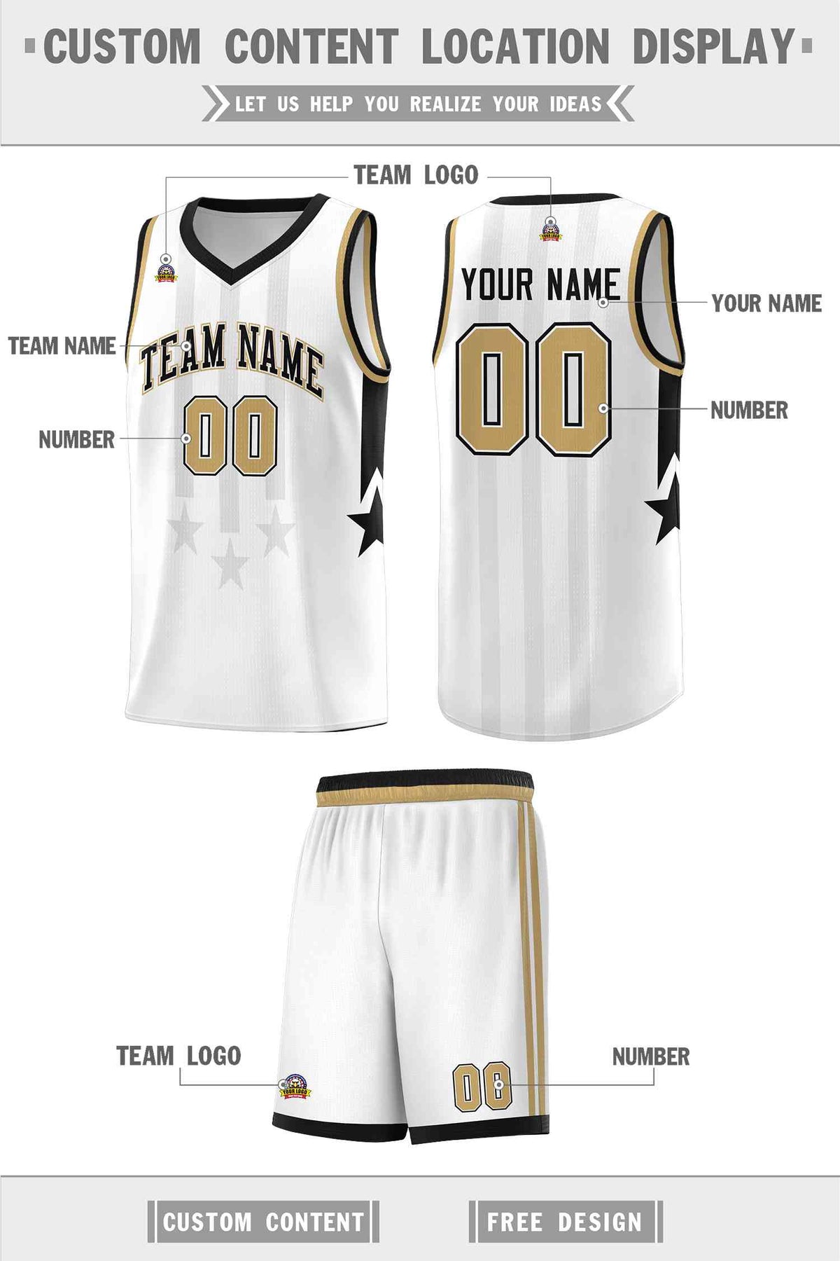 Custom White Black and Old Gold Gradient Star Graffiti Pattern Sports Uniform Basketball Jersey