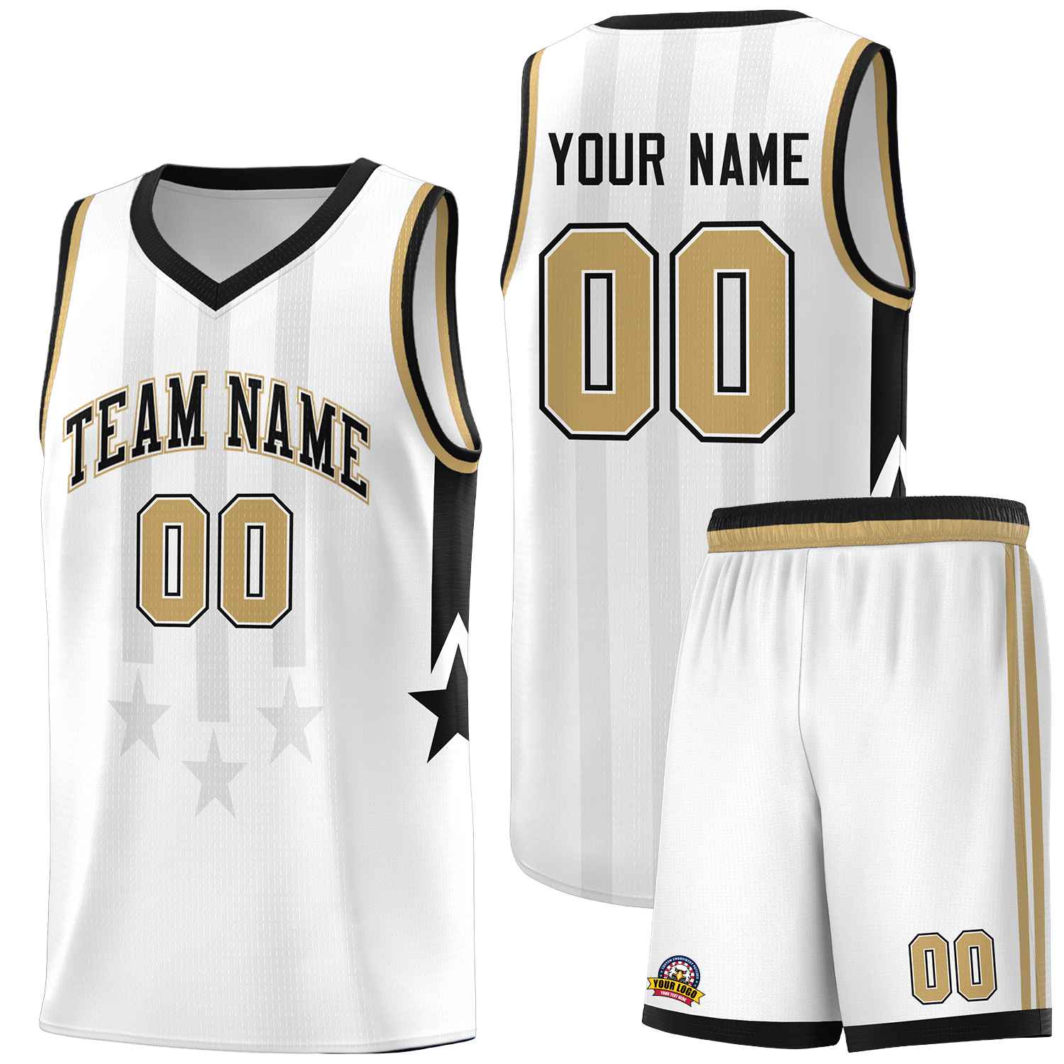 Custom White Black and Old Gold Gradient Star Graffiti Pattern Sports Uniform Basketball Jersey