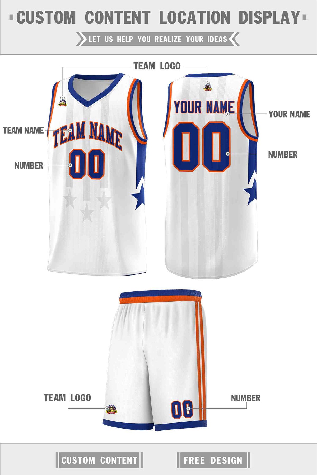 Custom White Royal and Orange Gradient Star Graffiti Pattern Sports Uniform Basketball Jersey