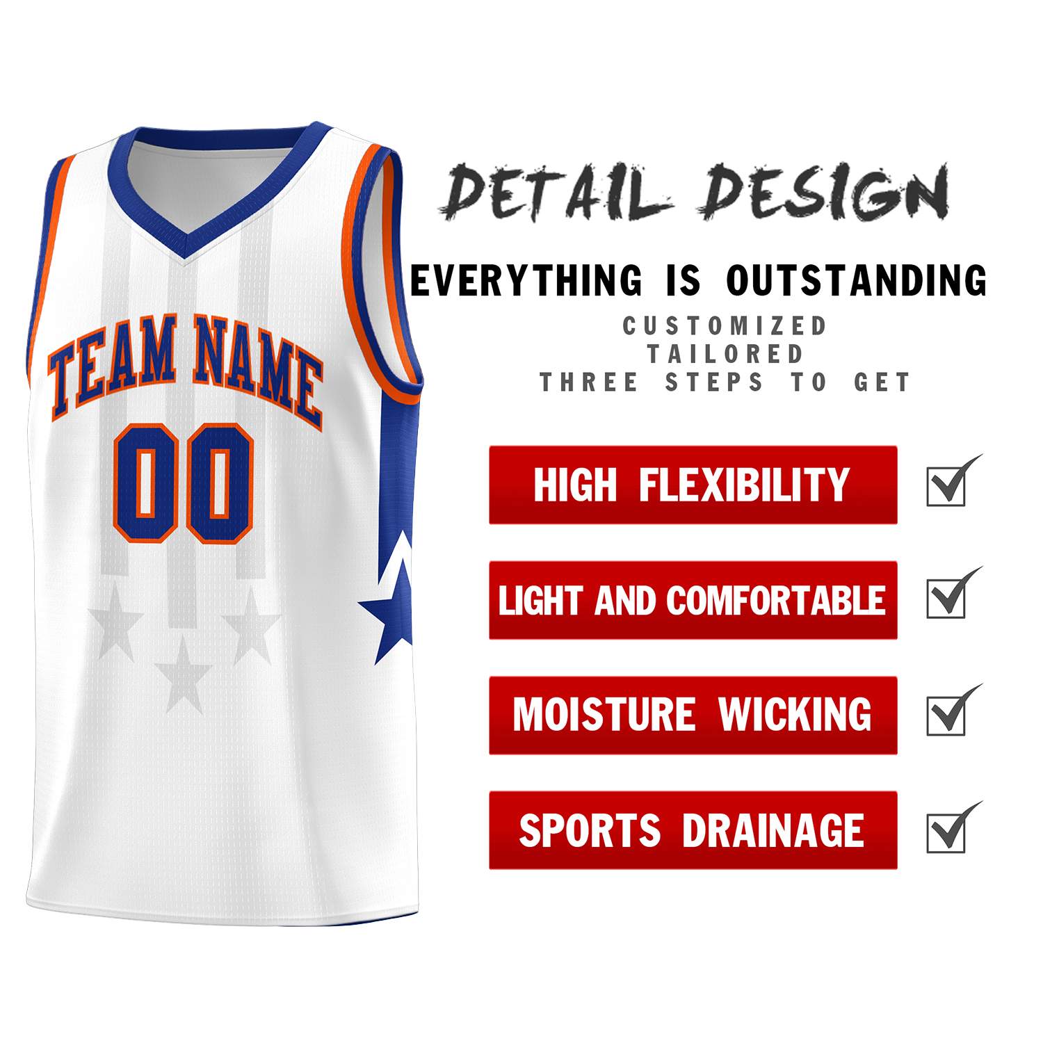 Custom White Royal and Orange Gradient Star Graffiti Pattern Sports Uniform Basketball Jersey