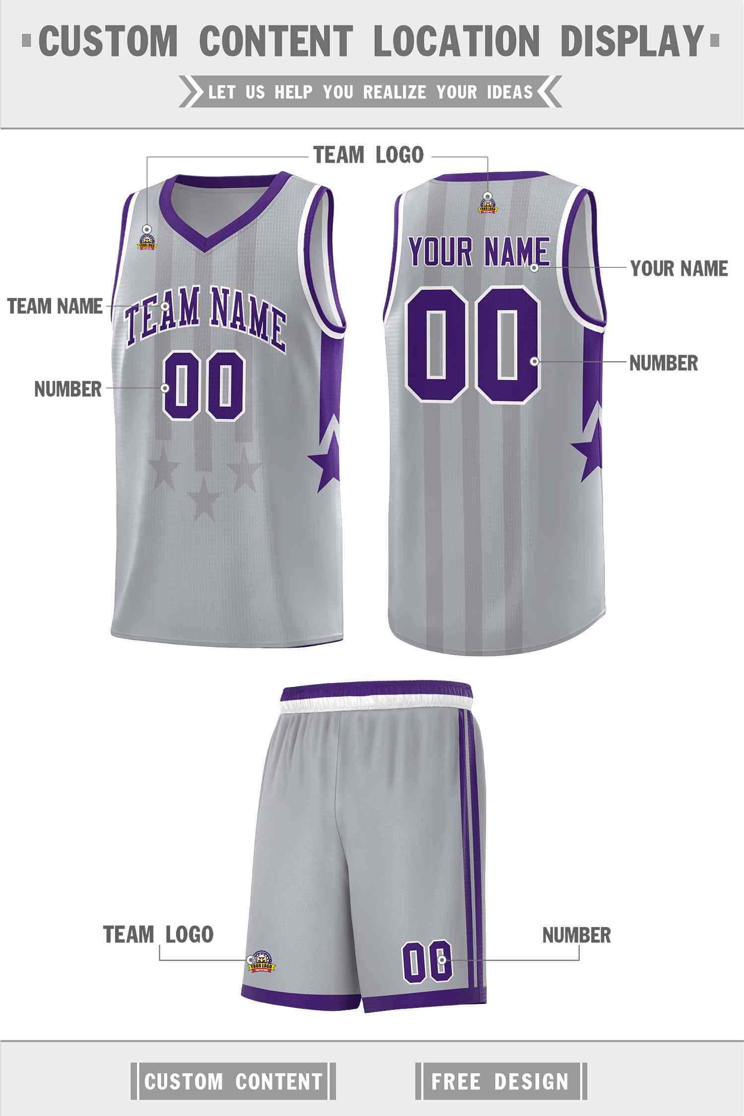 Custom Gray Purple and White Gradient Star Graffiti Pattern Sports Uniform Basketball Jersey