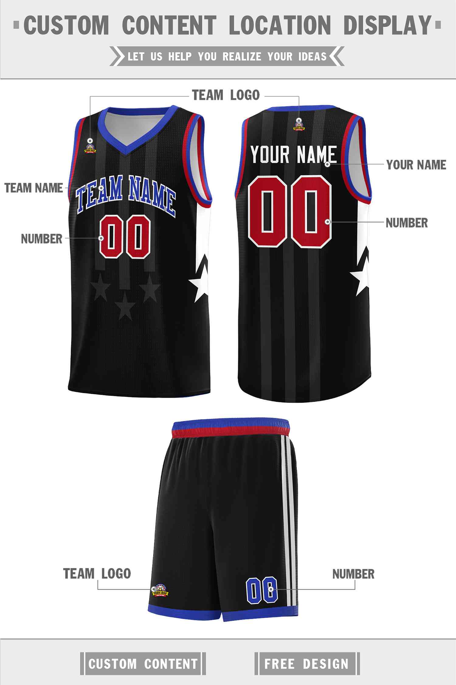 Custom Black Royal and Red Gradient Star Graffiti Pattern Sports Uniform Basketball Jersey