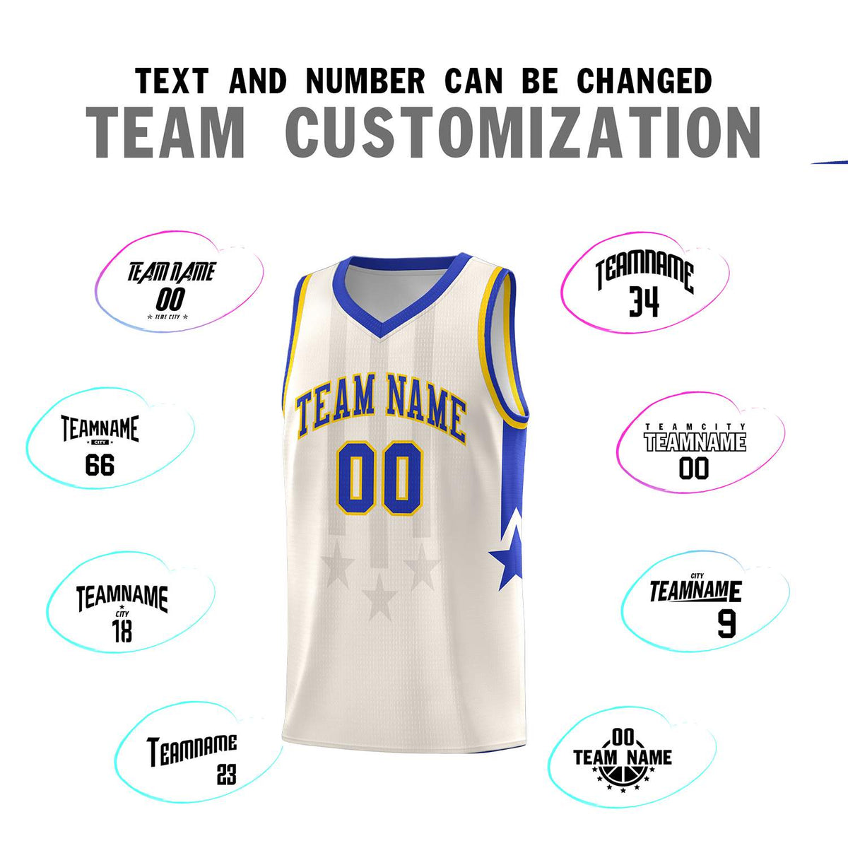 Custom Cream Royal and Gold Gradient Star Graffiti Pattern Sports Uniform Basketball Jersey