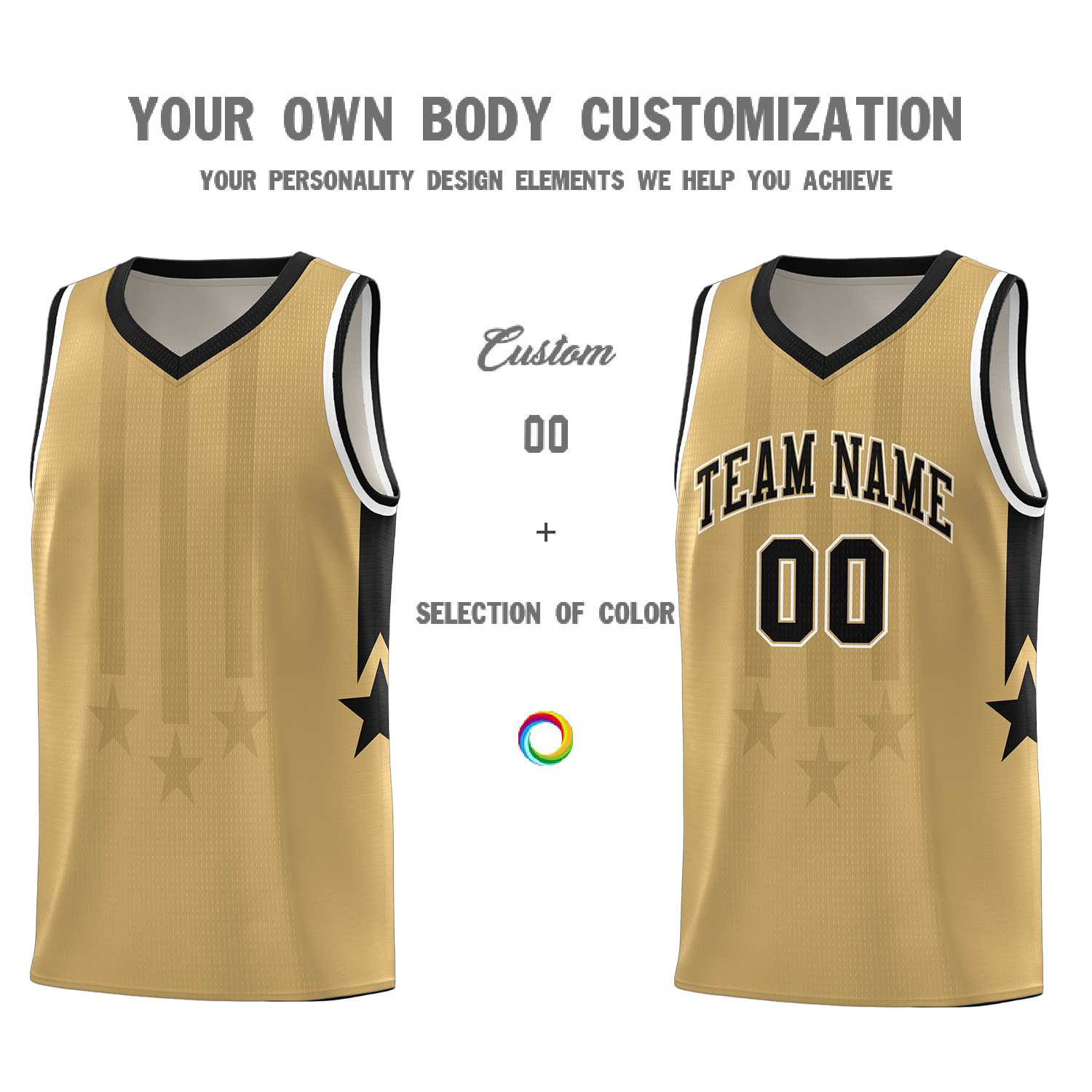 Custom Old Gold Black and White Gradient Star Graffiti Pattern Sports Uniform Basketball Jersey