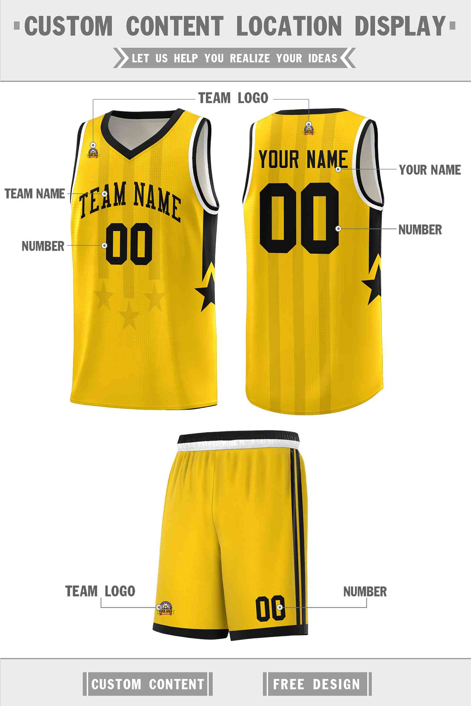 Custom Gold Black and White Gradient Star Graffiti Pattern Sports Uniform Basketball Jersey