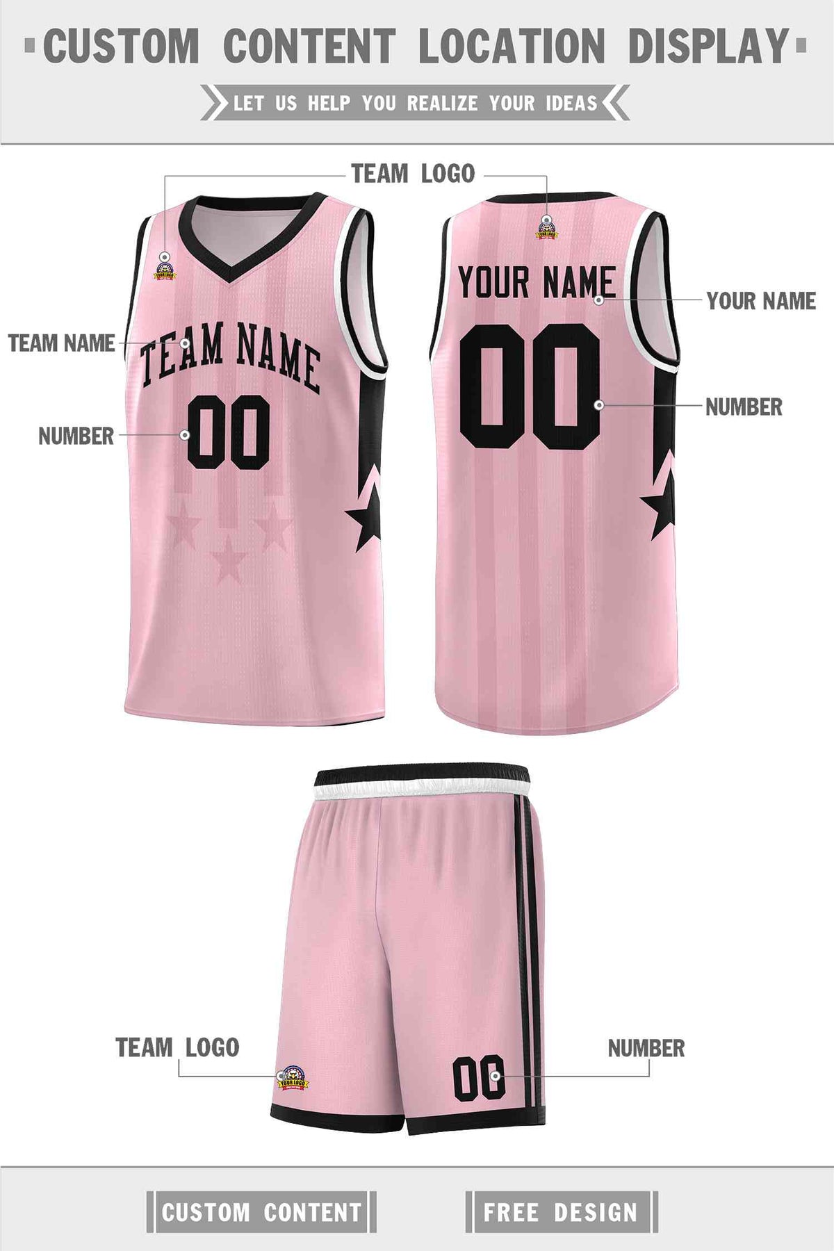Custom Light Pink Black and White Gradient Star Graffiti Pattern Sports Uniform Basketball Jersey