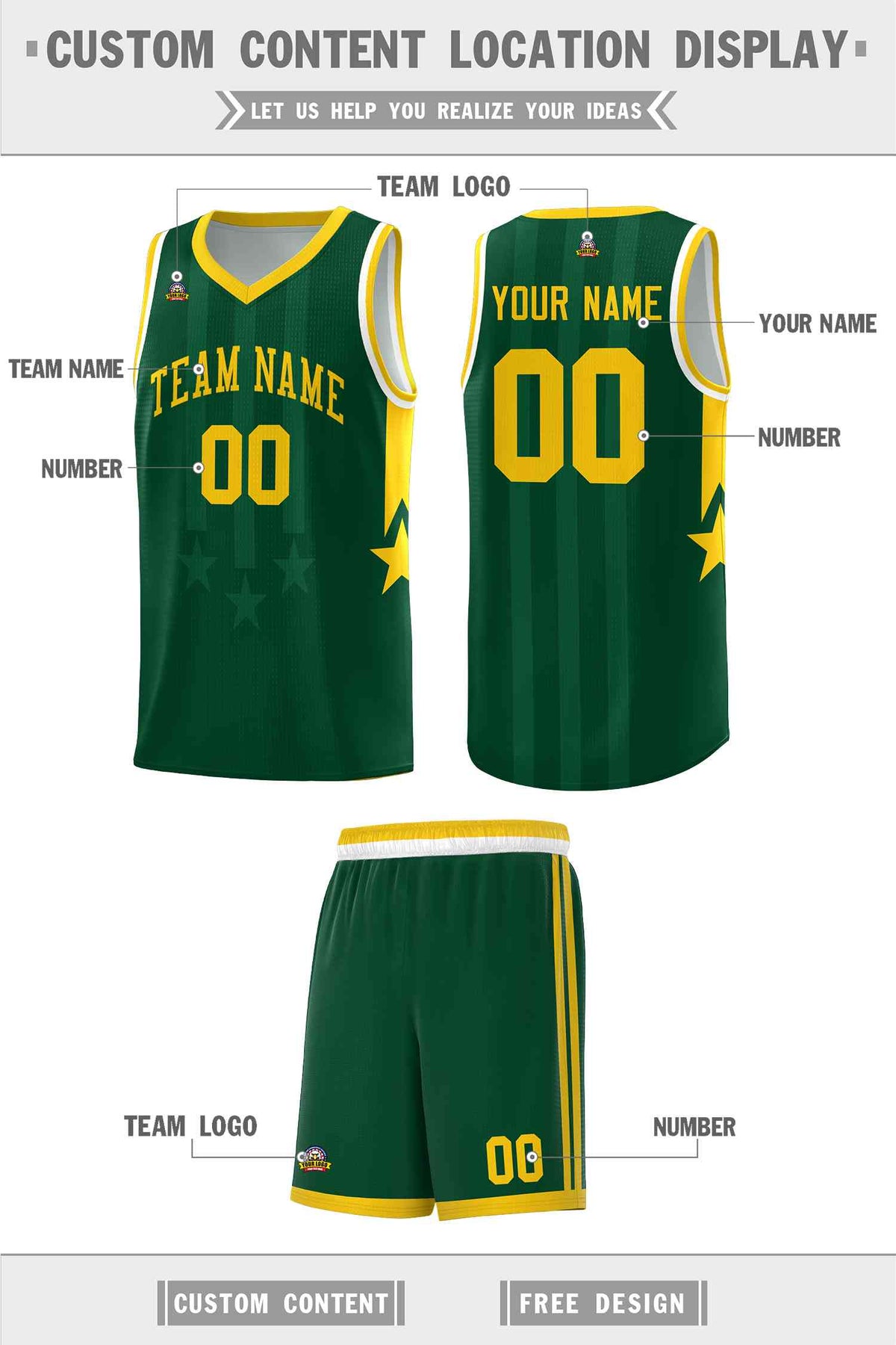 Custom Green Gold and White Gradient Star Graffiti Pattern Sports Uniform Basketball Jersey