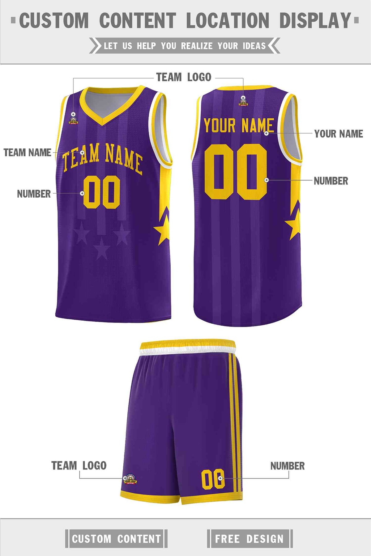 Custom Purple Gold and White Gradient Star Graffiti Pattern Sports Uniform Basketball Jersey
