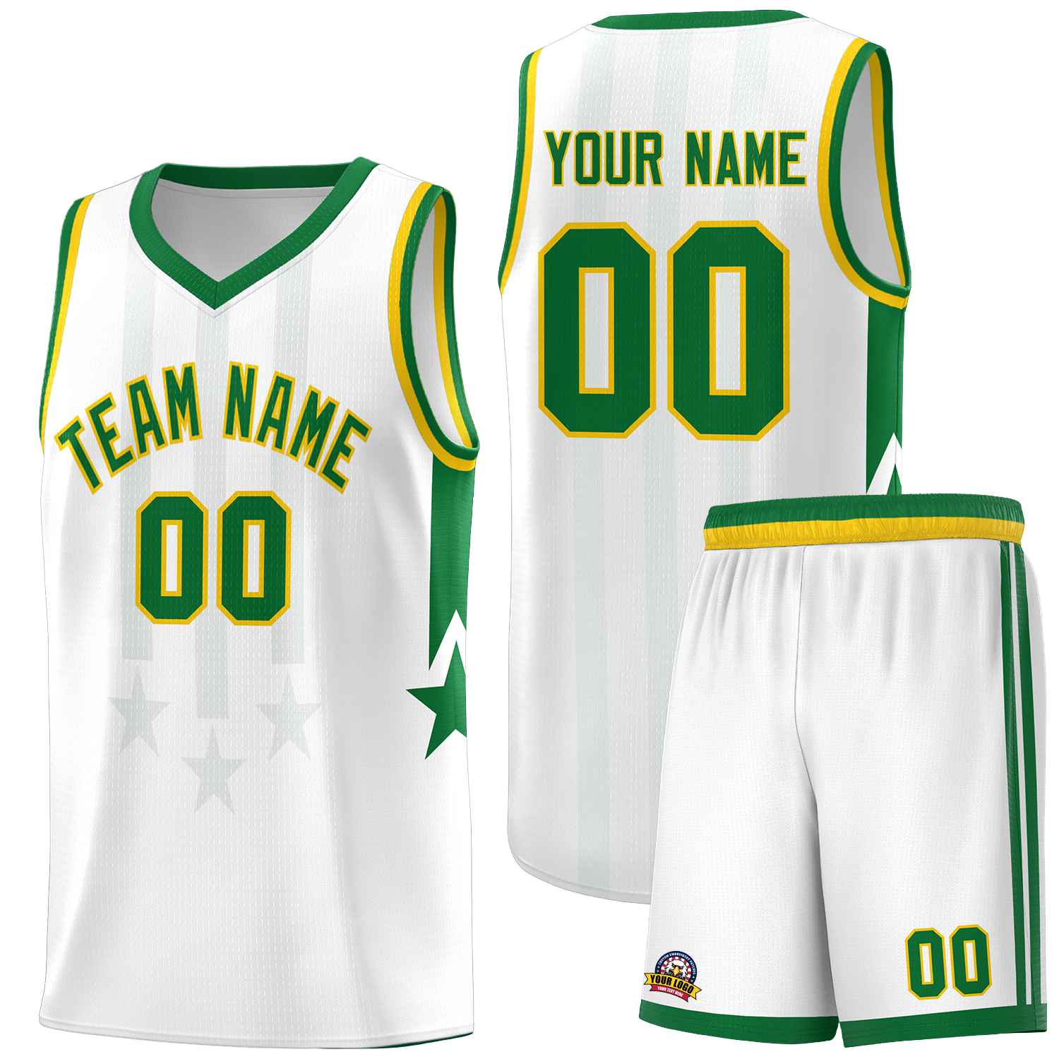 Custom White Kelly Green and Gold Gradient Star Graffiti Pattern Sports Uniform Basketball Jersey