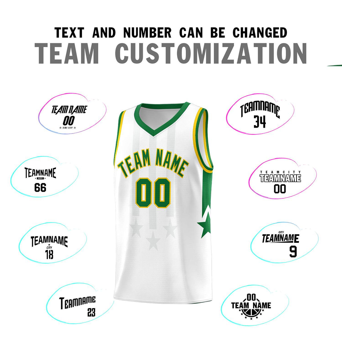 Custom White Kelly Green and Gold Gradient Star Graffiti Pattern Sports Uniform Basketball Jersey