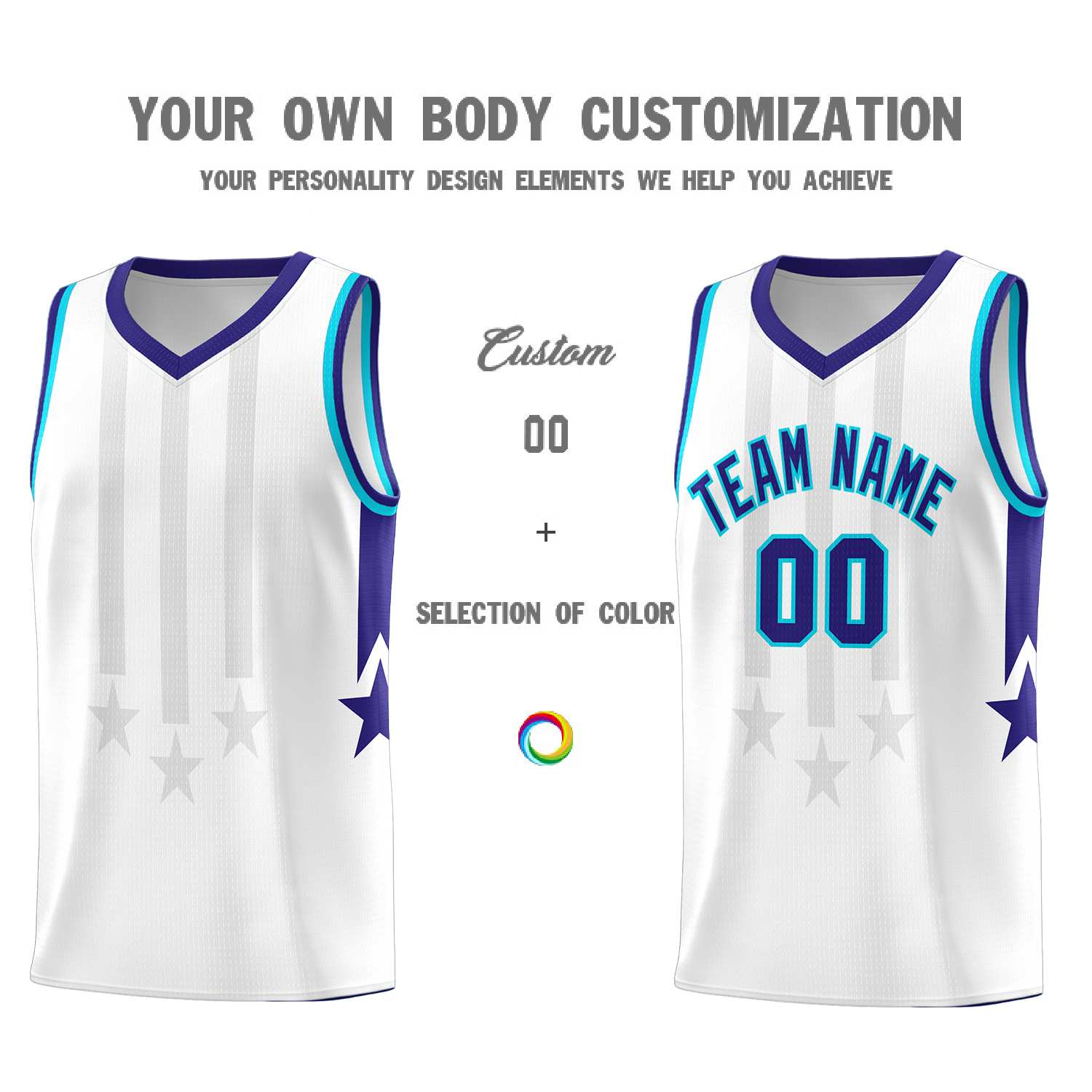 Custom White Purple and Sky Blue Gradient Star Graffiti Pattern Sports Uniform Basketball Jersey