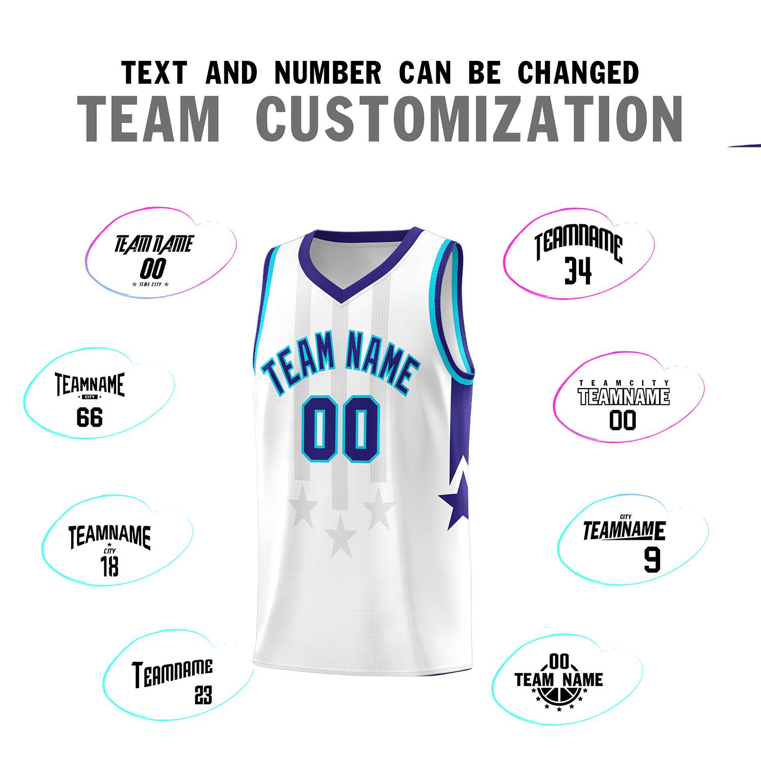 Custom White Purple and Sky Blue Gradient Star Graffiti Pattern Sports Uniform Basketball Jersey