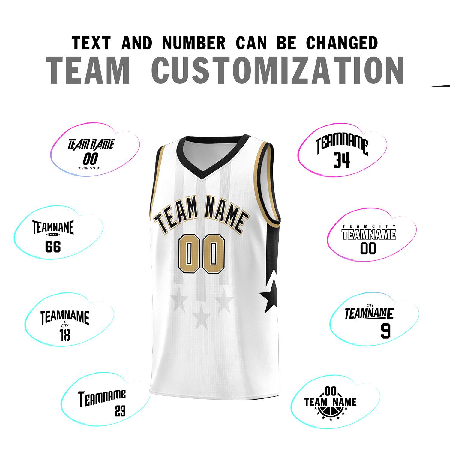 Custom White Black and Old Gold Gradient Star Graffiti Pattern Sports Uniform Basketball Jersey