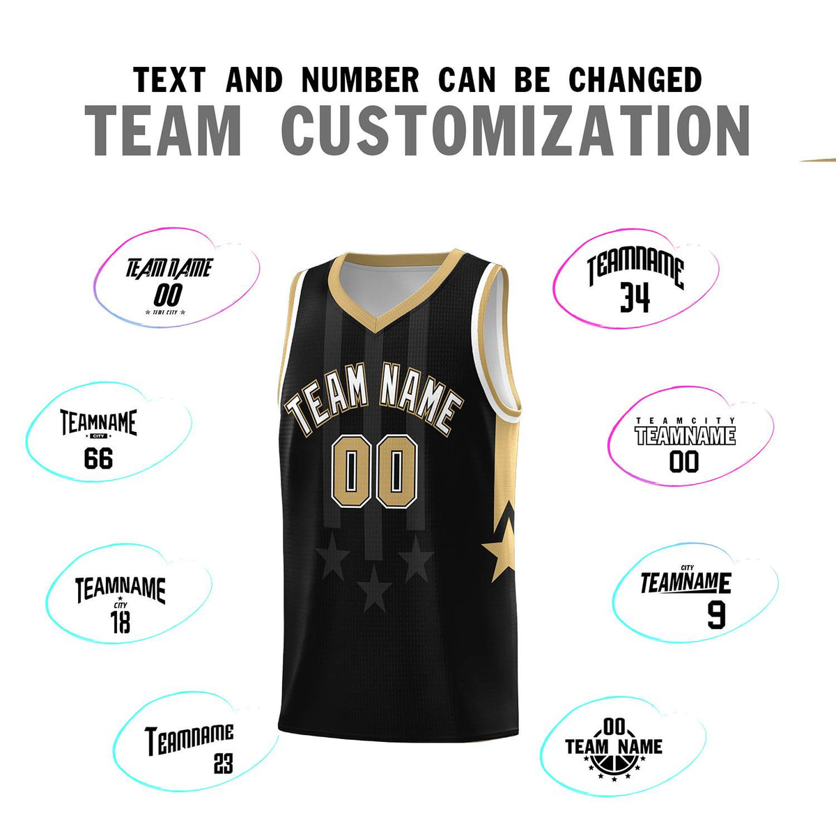Custom Black Old Gold and White Gradient Star Graffiti Pattern Sports Uniform Basketball Jersey