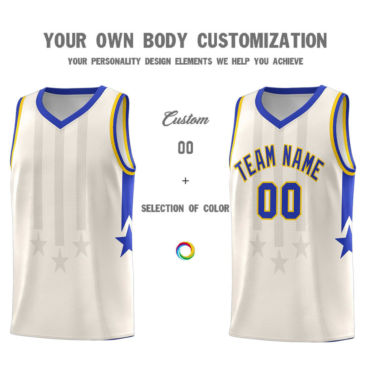Custom Cream Royal and Gold Gradient Star Graffiti Pattern Sports Uniform Basketball Jersey