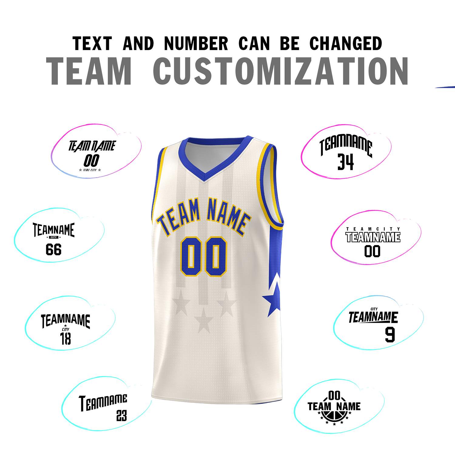 Custom Cream Royal and Gold Gradient Star Graffiti Pattern Sports Uniform Basketball Jersey