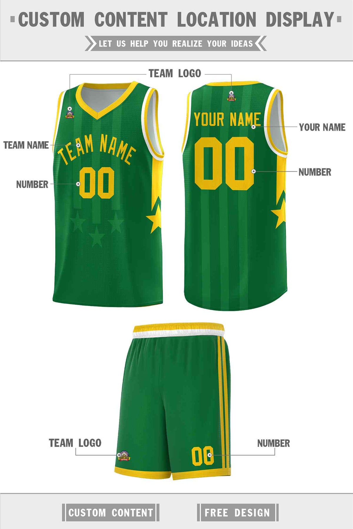 Custom Kelly Green Gold and White Gradient Star Graffiti Pattern Sports Uniform Basketball Jersey