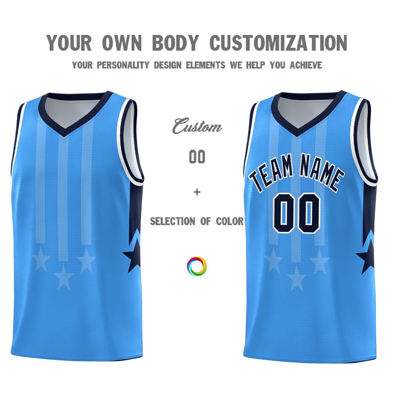 Custom Powder Blue Navy and White Gradient Star Graffiti Pattern Sports Uniform Basketball Jersey