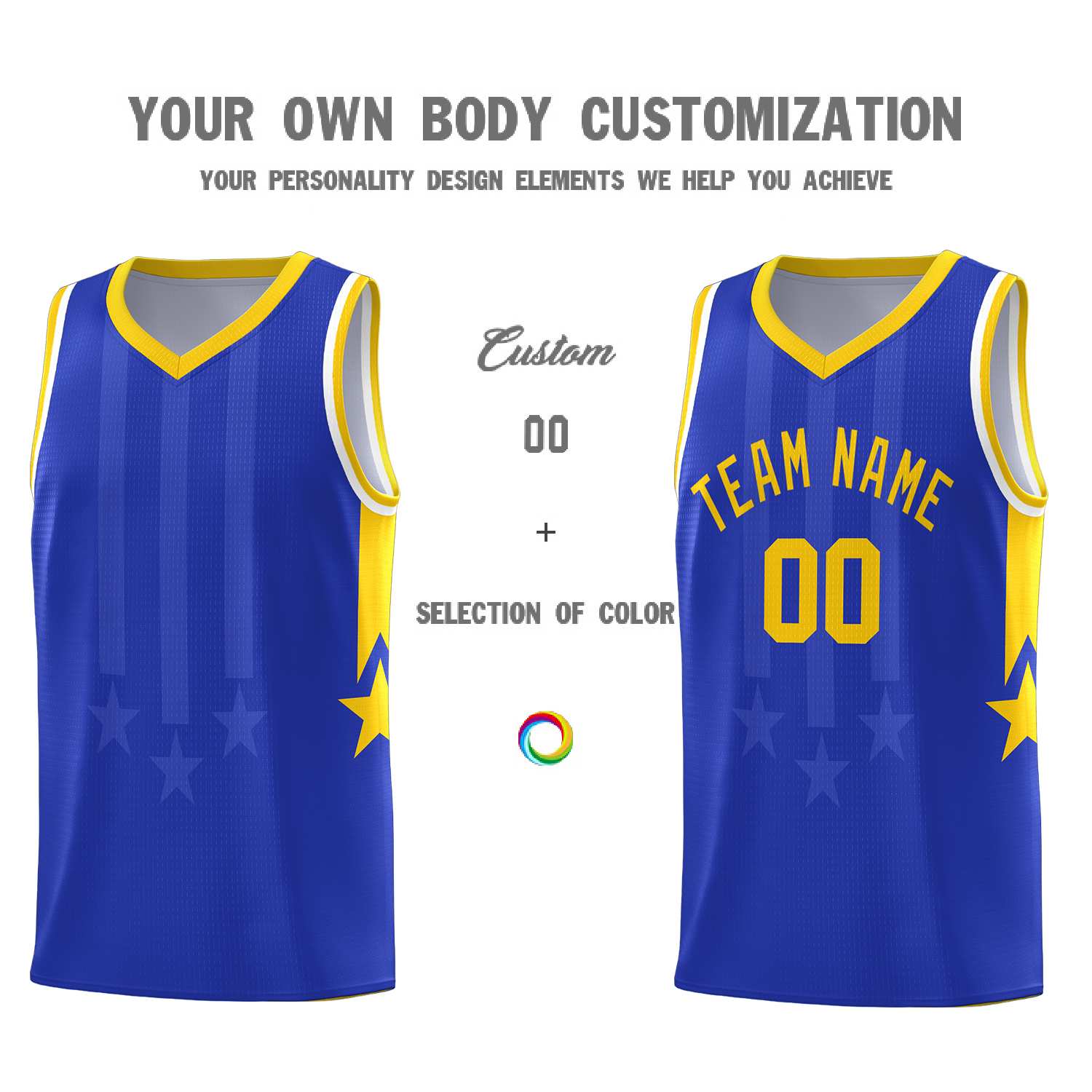 Custom Royal Gold and White Gradient Star Graffiti Pattern Sports Uniform Basketball Jersey