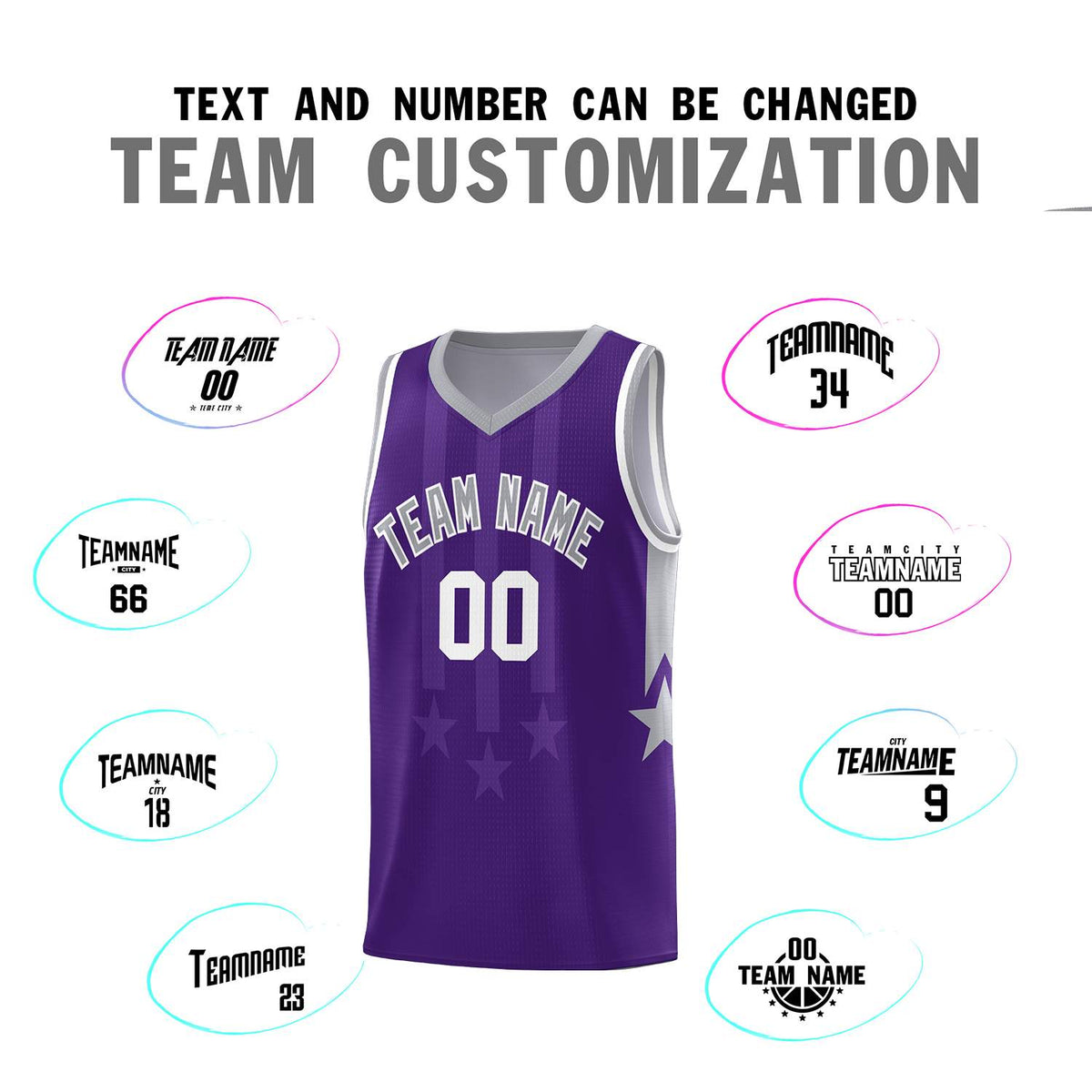 Custom Purple Gray and White Gradient Star Graffiti Pattern Sports Uniform Basketball Jersey